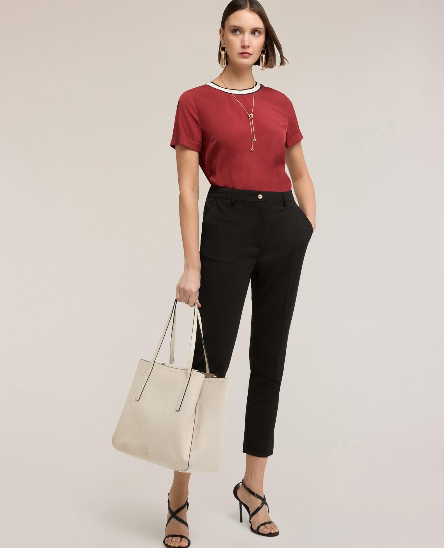 Blusa de mujer con borde de punto escote redondo con ribete de punto - Motivi - Burdeos Burdeos-3