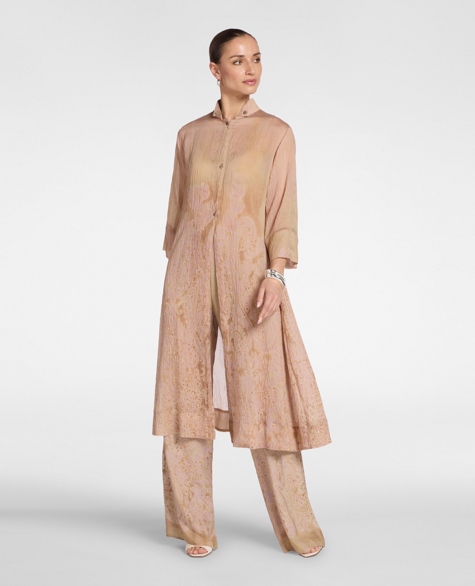 Elena Miró - Camisa de mujer larga en organza estampada botones delante y línea evasé.
