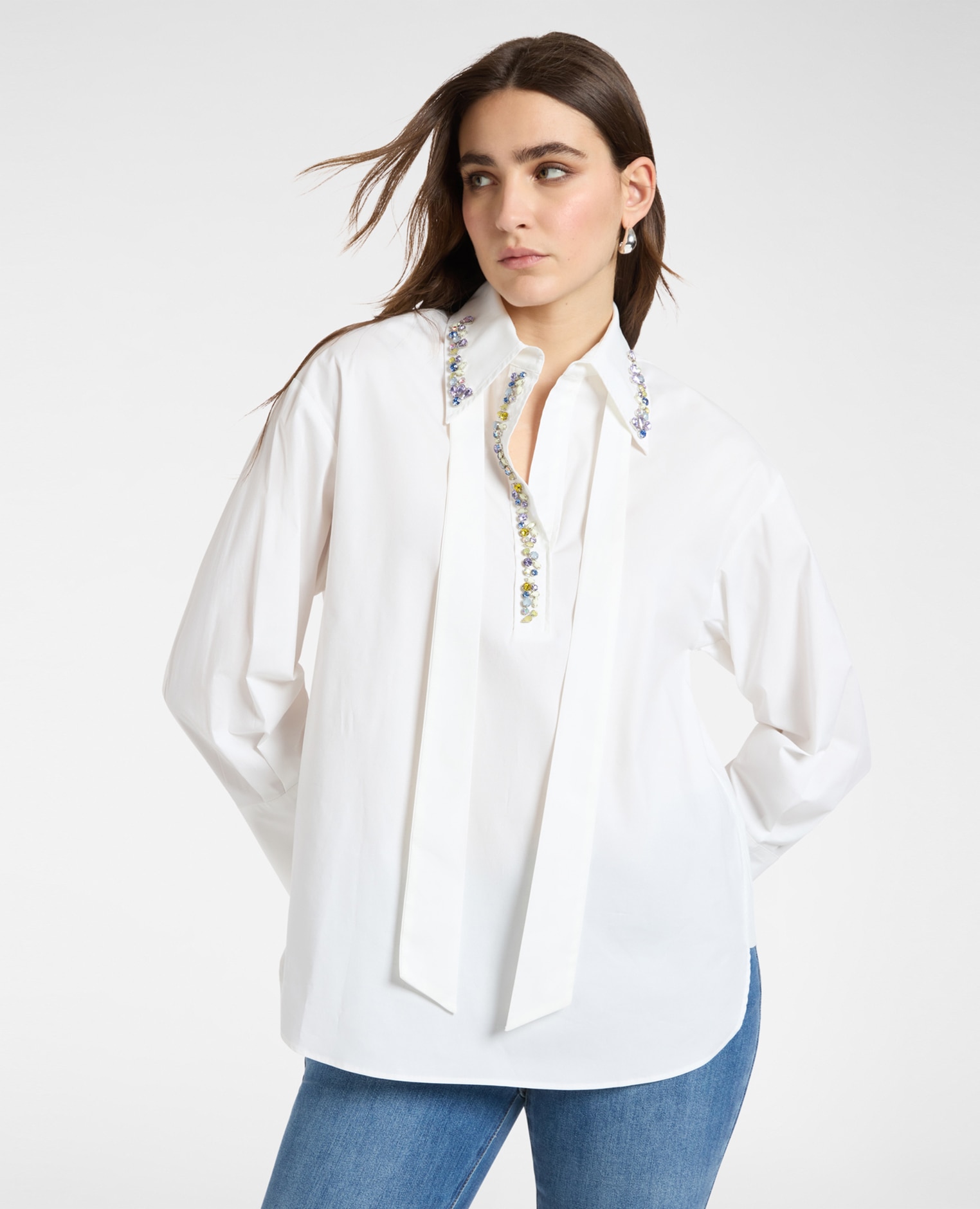 Camisa de mujer de popelín con cristales bordados en el cuello - Elena Miró - Blanco Blanco-1