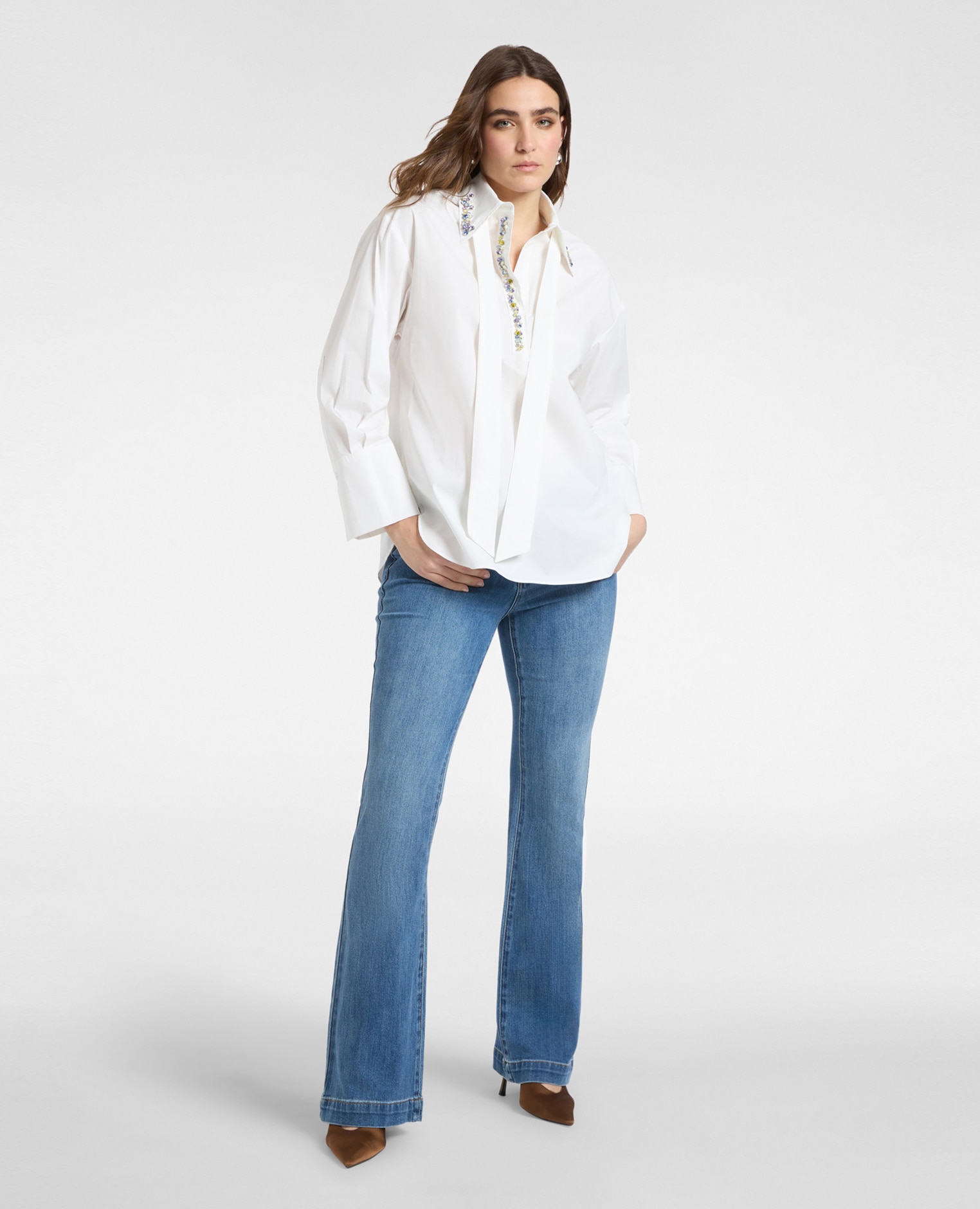 Camisa de mujer de popelín con cristales bordados en el cuello - Elena Miró - Blanco Blanco-3