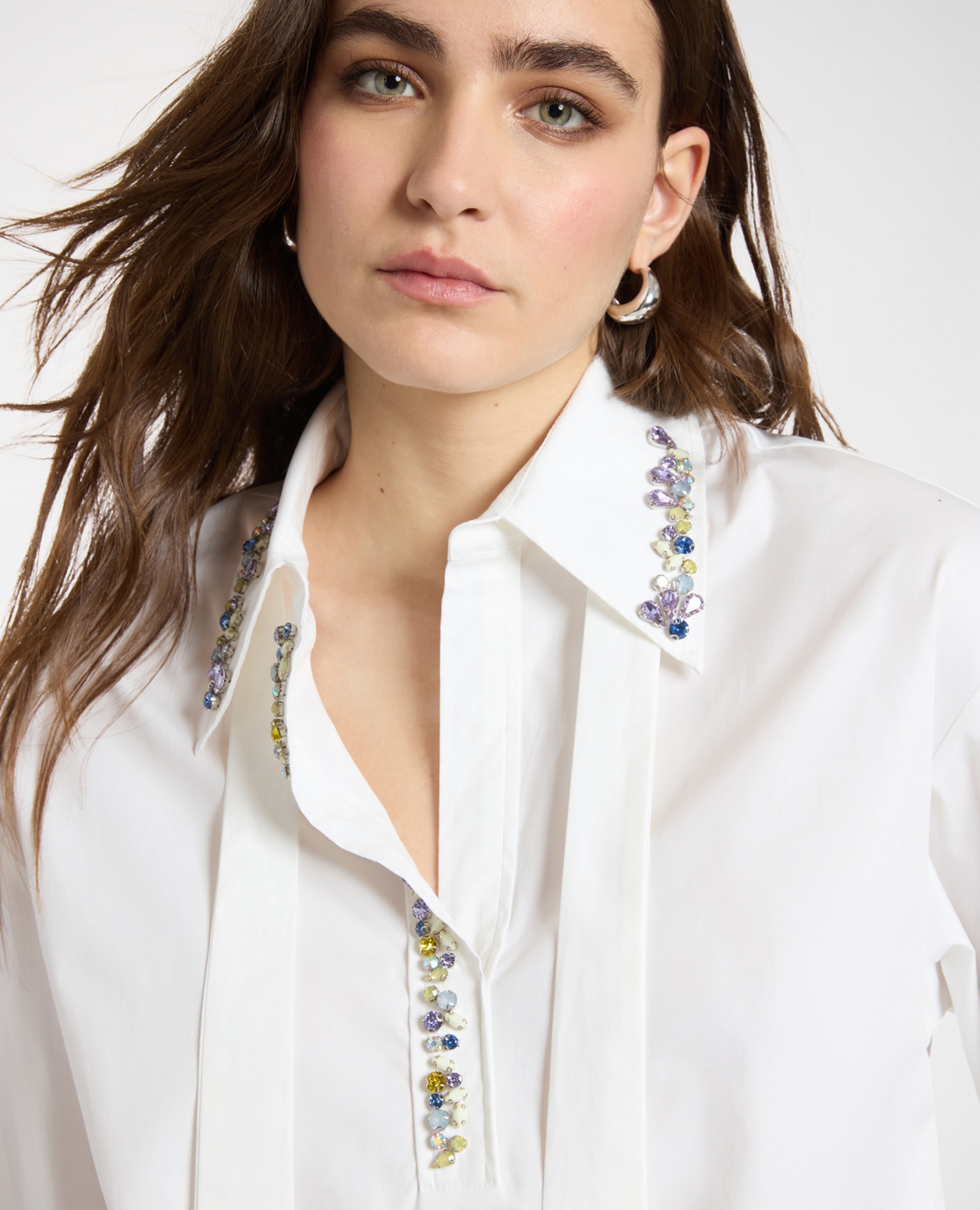 Camisa de mujer de popelín con cristales bordados en el cuello - Elena Miró - Blanco Blanco-4
