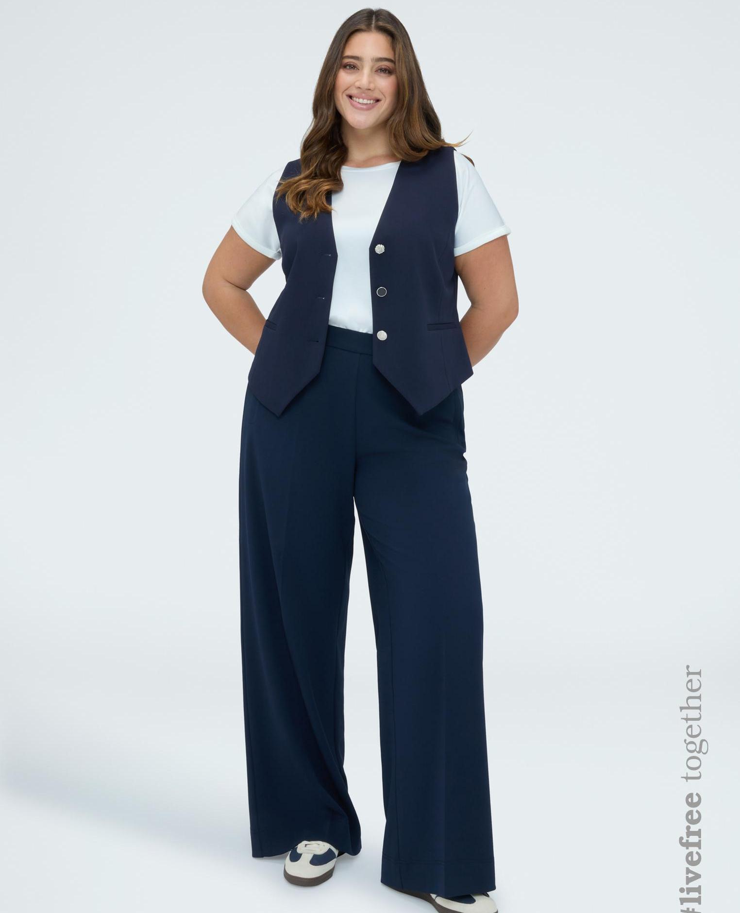 Pantalones de mujer wide leg en tejido stretch cierre con banda elástica para el máximo confort - Fiorella Rubino - Azul Azul-1