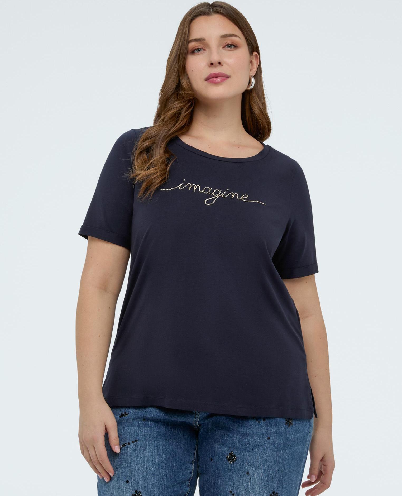 Camiseta de mujer de algodón con letras de cristal bordado - Fiorella Rubino - Azul Azul-1