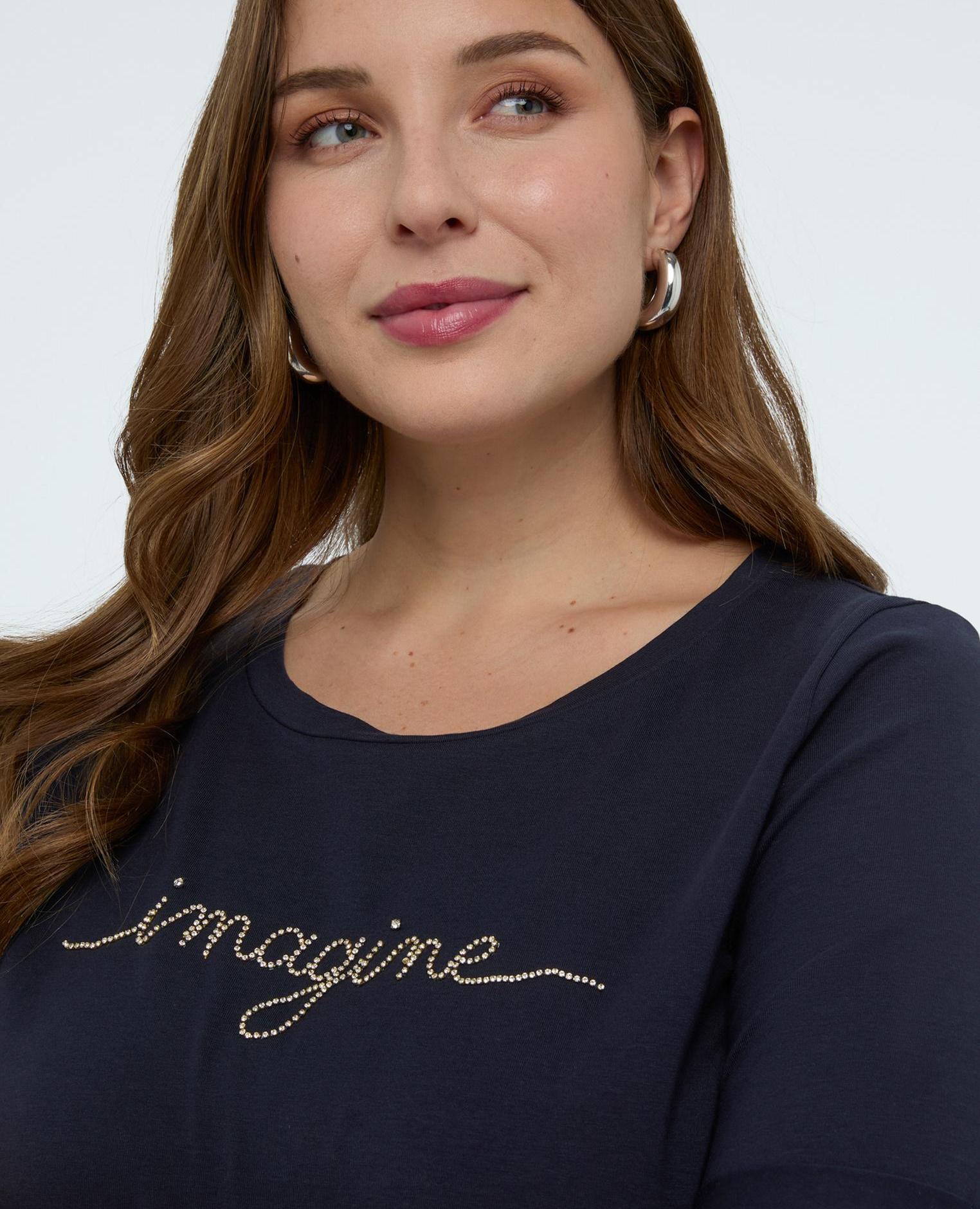 Camiseta de mujer de algodón con letras de cristal bordado - Fiorella Rubino - Azul Azul-3