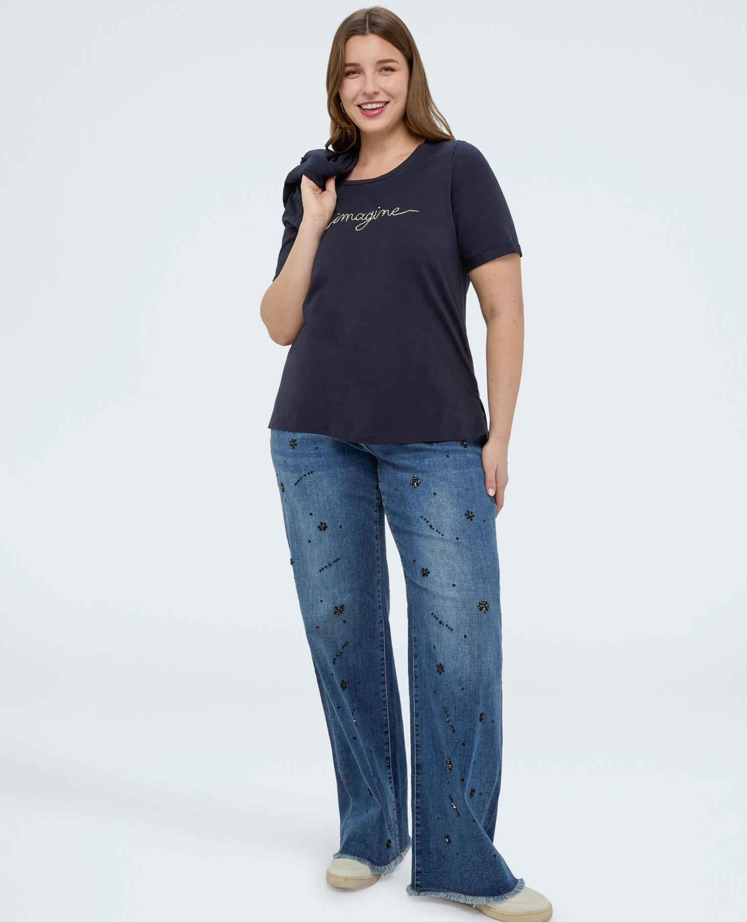 Camiseta de mujer de algodón con letras de cristal bordado - Fiorella Rubino - Azul Azul-4