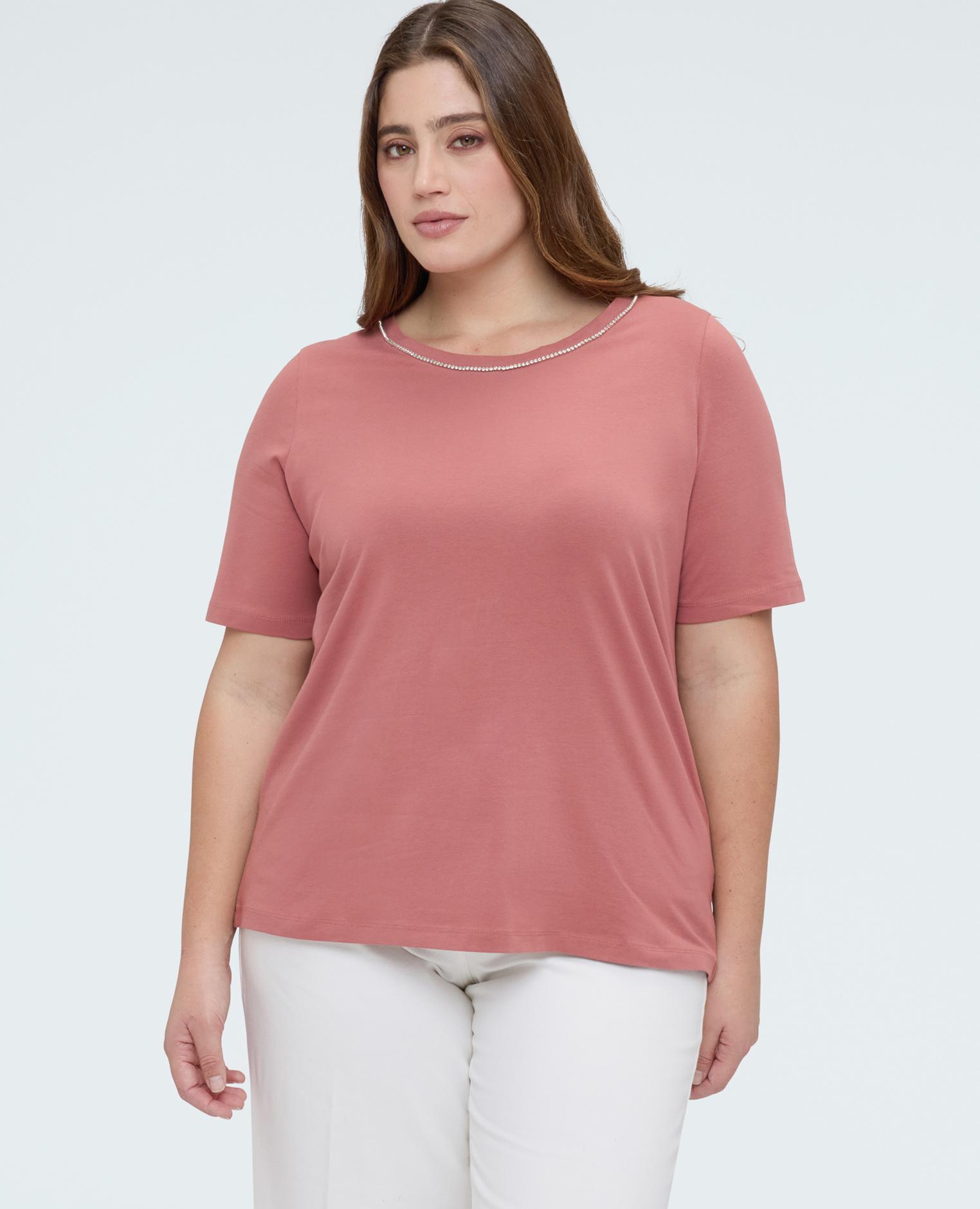 Camiseta de mujer de algodón con aplicaciones luminosas - Fiorella Rubino - Rosa Rosa-1