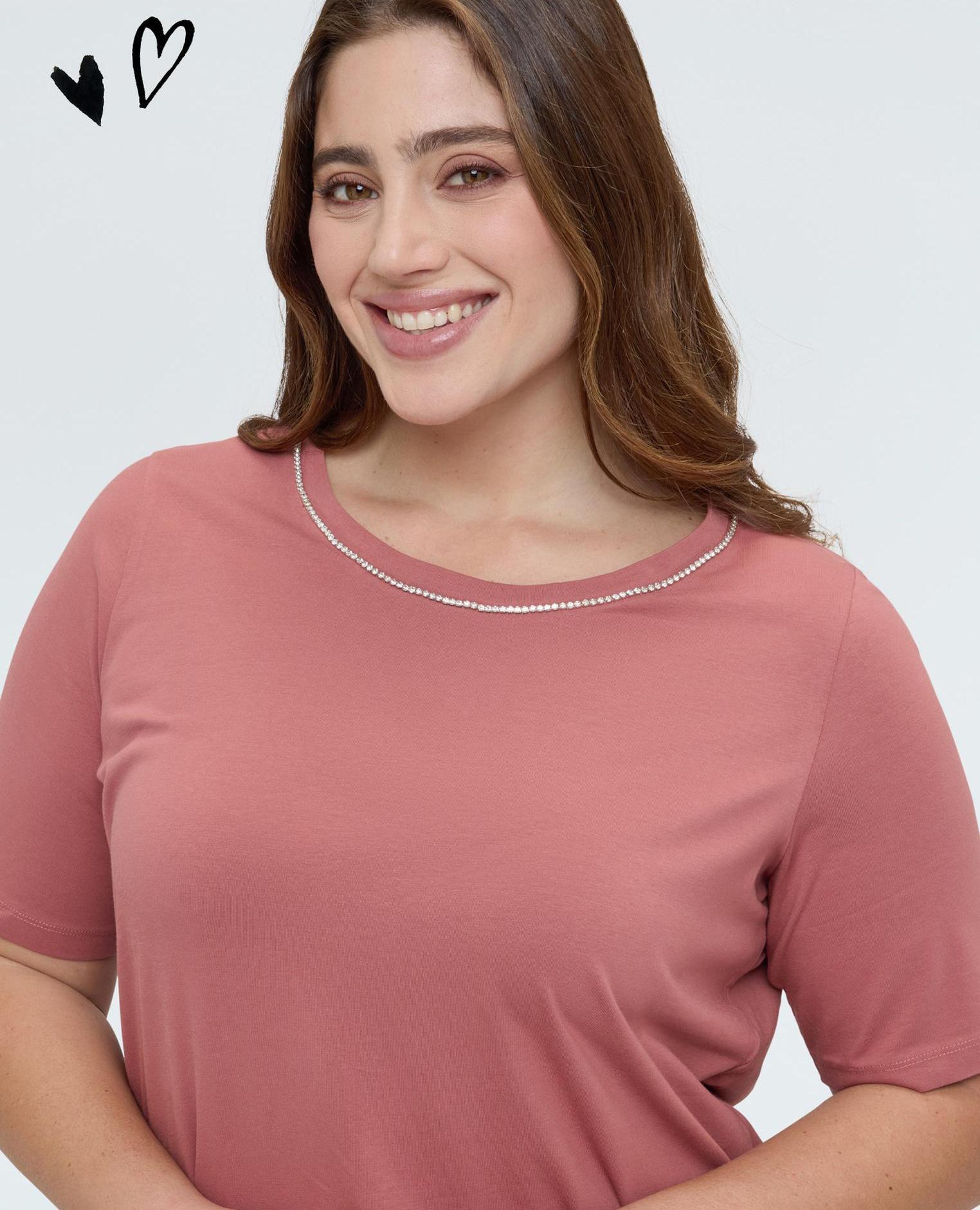 Camiseta de mujer de algodón con aplicaciones luminosas - Fiorella Rubino - Rosa Rosa-3