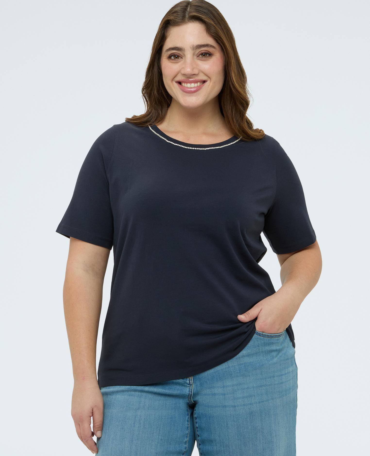 Camiseta de mujer de algodón con aplicaciones luminosas - Fiorella Rubino - Azul Azul-1