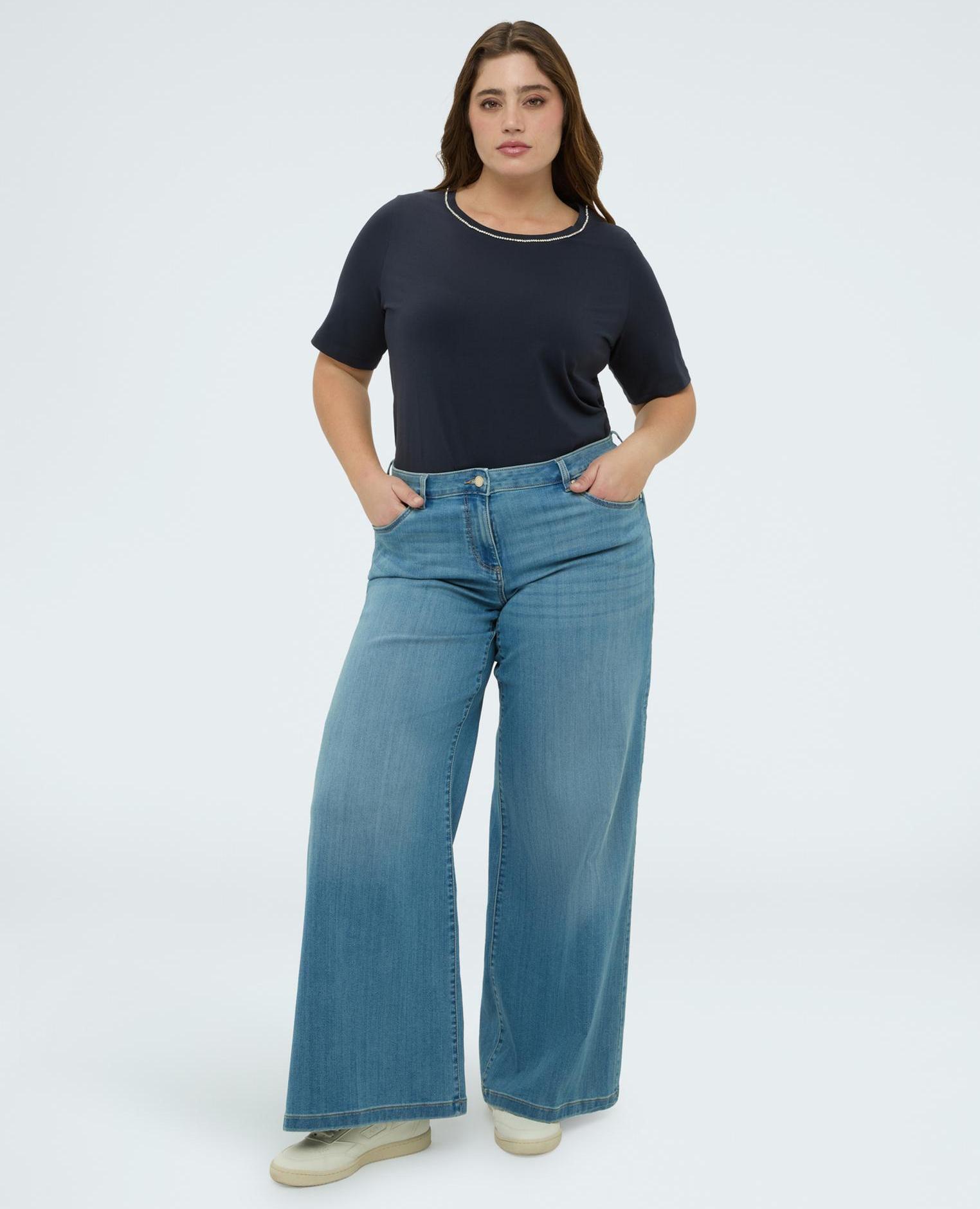 Camiseta de mujer de algodón con aplicaciones luminosas - Fiorella Rubino - Azul Azul-3