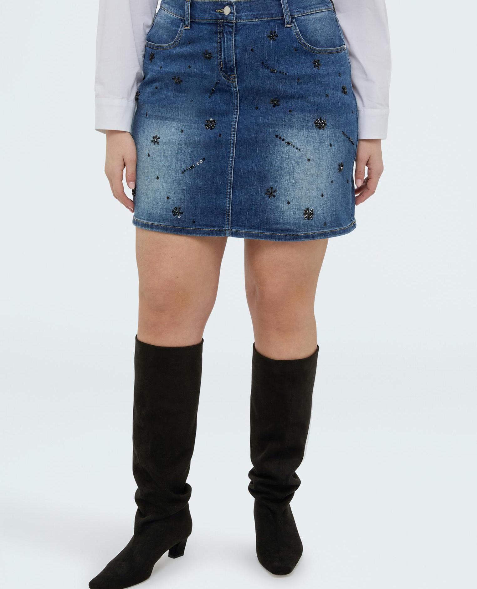 Minifalda de mujer de denim con aplicaciones cierre con botón y cremallera - Fiorella Rubino - Azul Azul-3