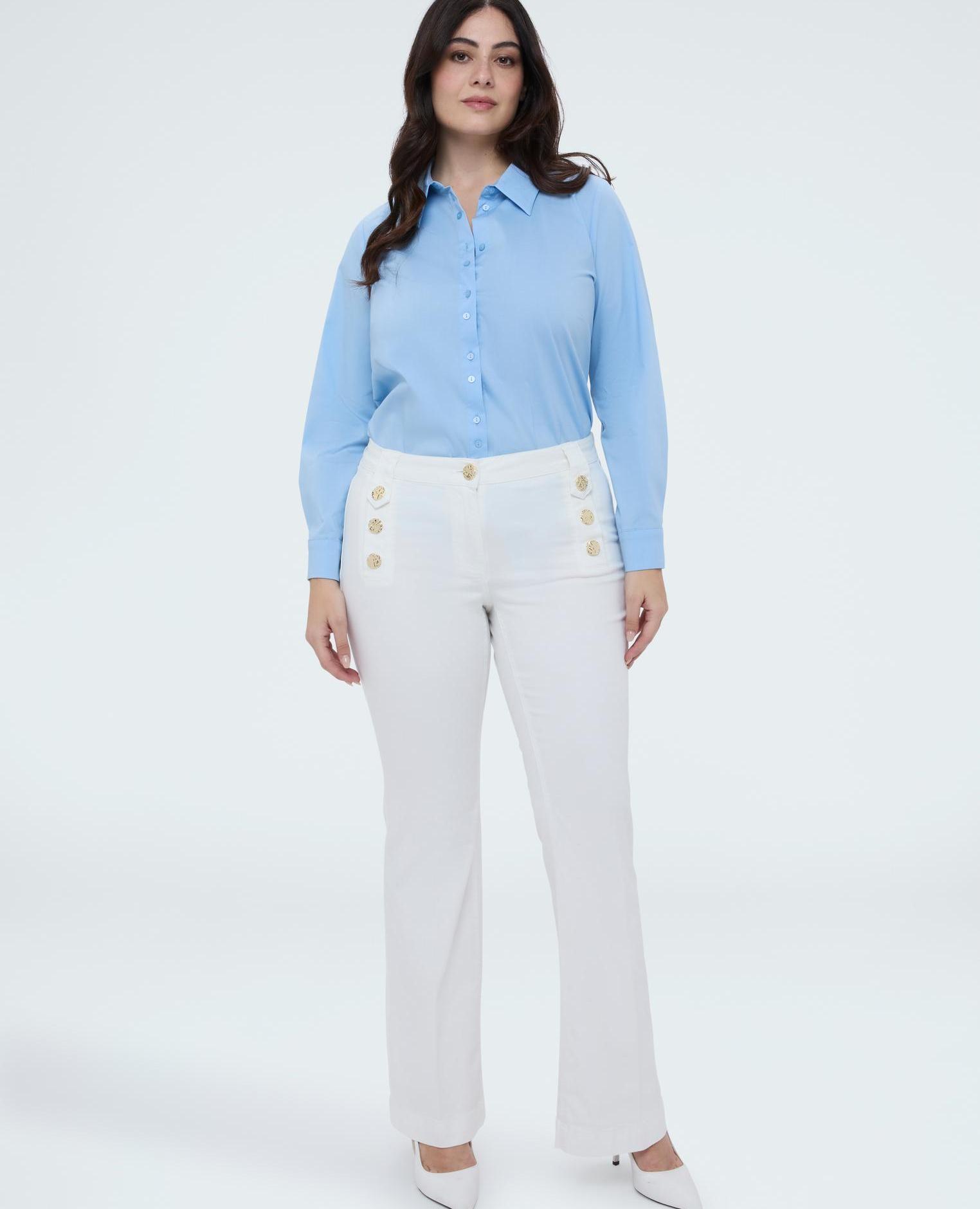 Camisa de mujer clásica en popelín de algodón tejido popelín fresco y ligero - Fiorella Rubino - Azul claro Azul claro-4