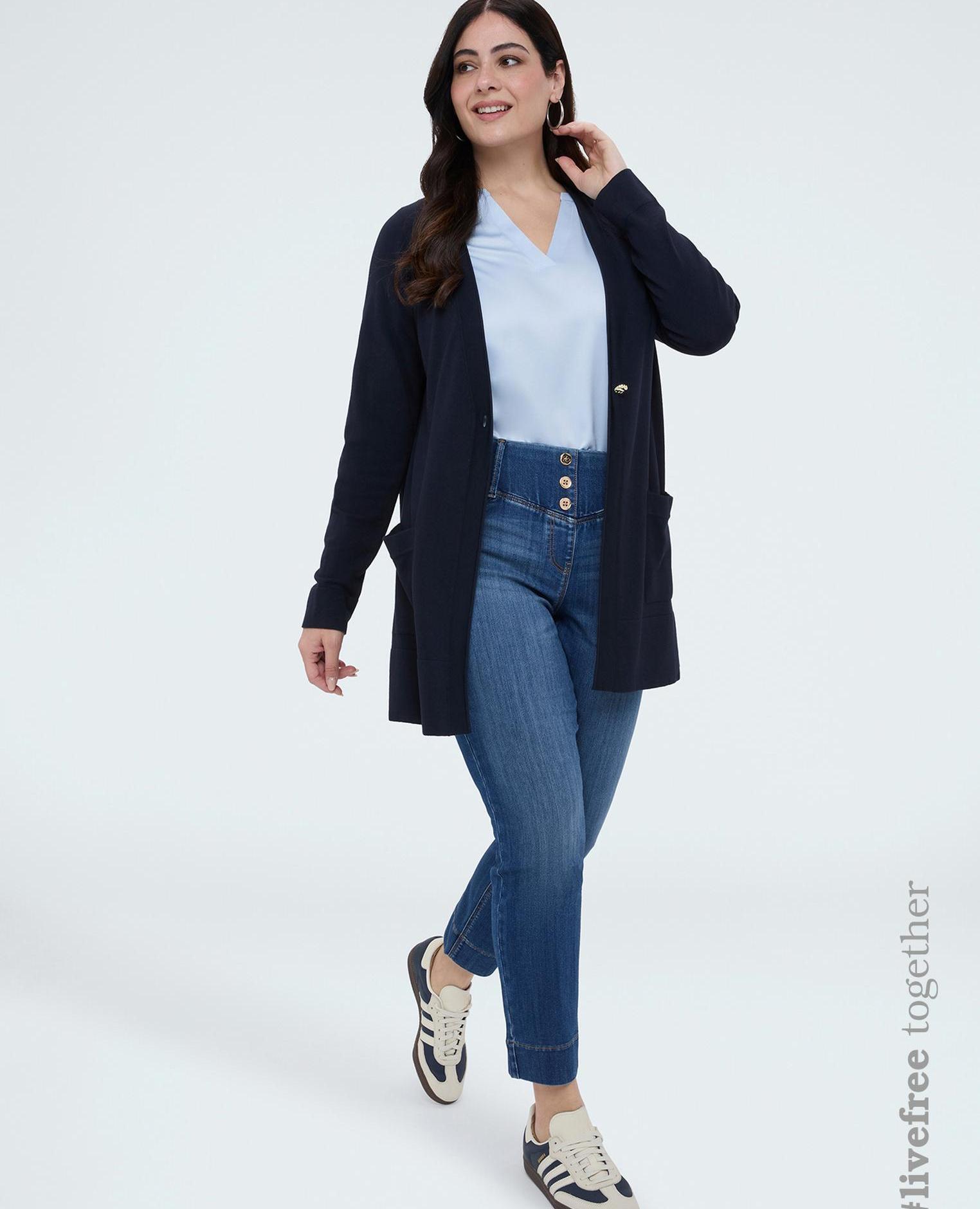 Cárdigan de mujer largo con cuello de pico - Fiorella Rubino - Azul Azul-1