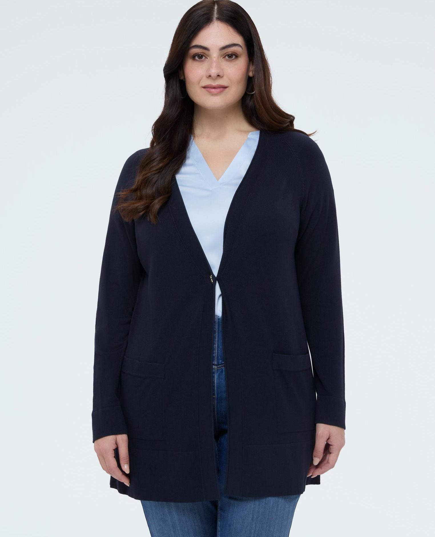 Cárdigan de mujer largo con cuello de pico - Fiorella Rubino - Azul Azul-3