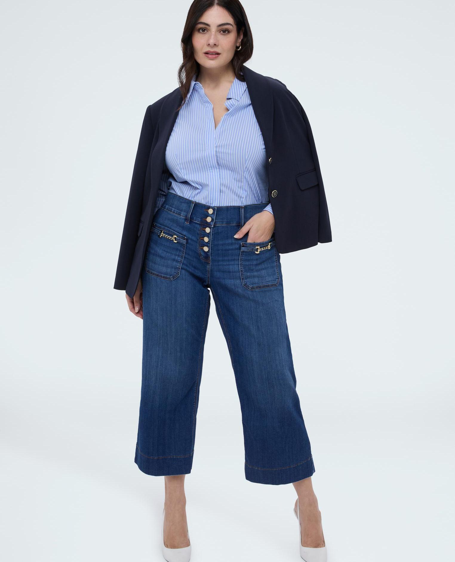 Vaqueros de mujer cropped con detalle de cadenita en los bolsillos - Fiorella Rubino - Azul Azul-1