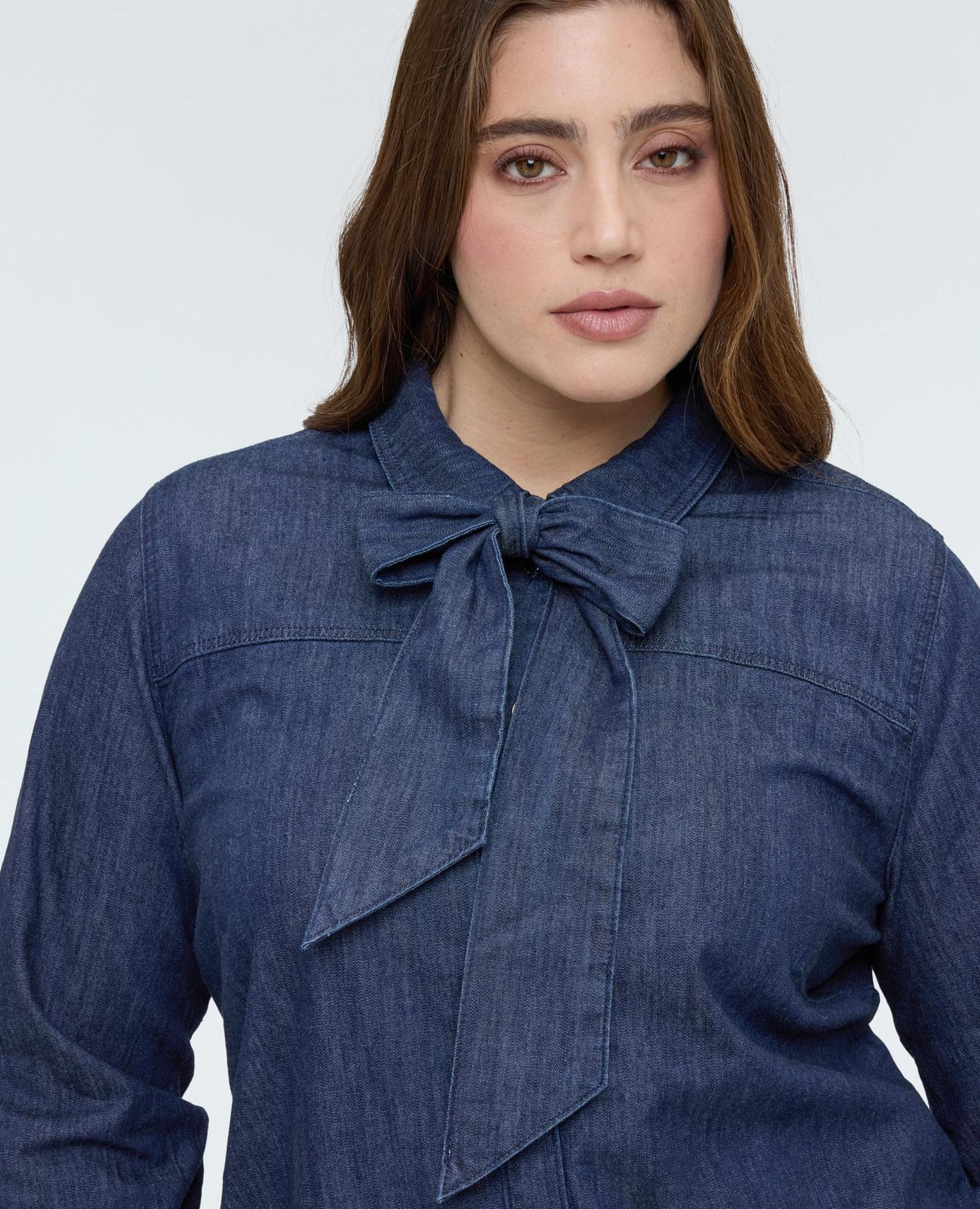 Camisa de mujer de denim con lazo/corbata versátil - Fiorella Rubino - Azul Azul-3