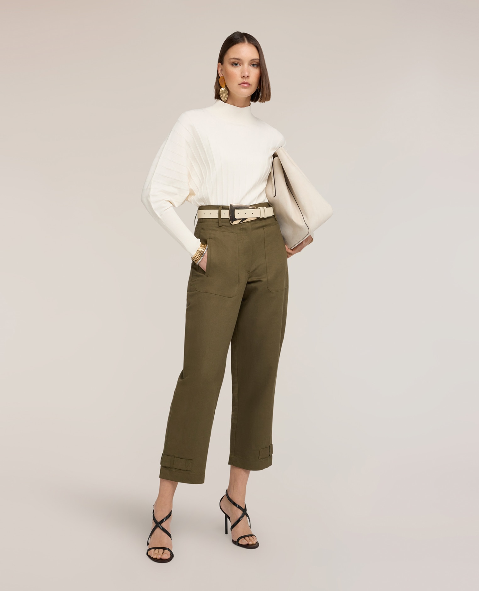 Jersey de mujer oversize de canalé plano cuello alto de cisne - Motivi - Blanco Blanco-3