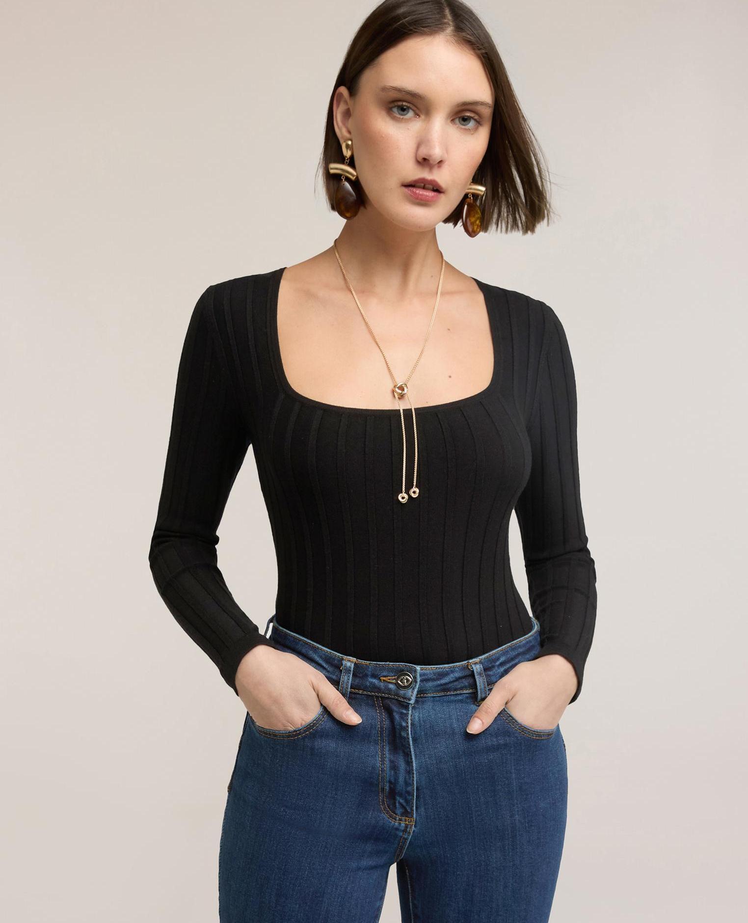Jersey de mujer de canalé con escote cuadrado escote frontal cuadrado - Motivi - Negro Negro-1