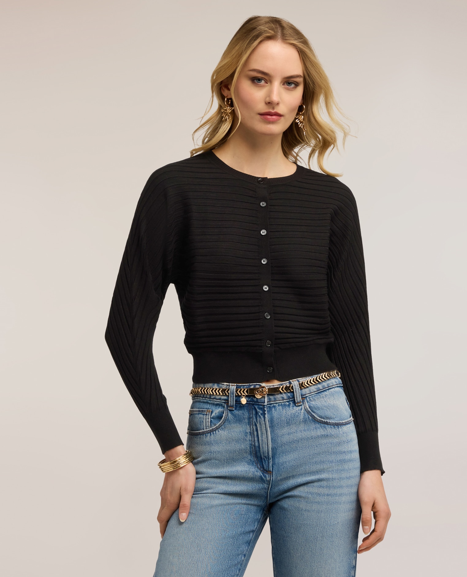 Chaqueta de mujer de punto de canalé horizontal abertura frontal - Motivi - Negro Negro-1