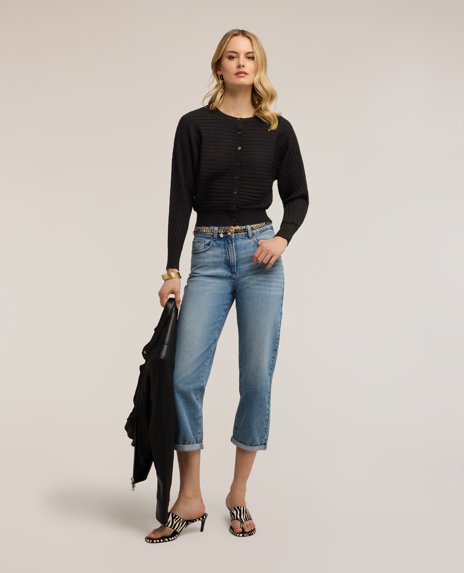 Chaqueta de mujer de punto de canalé horizontal abertura frontal - Motivi - Negro Negro-3