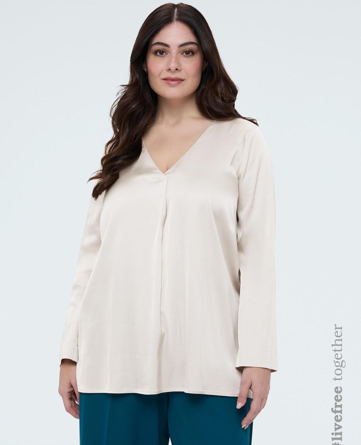 Blusa de mujer escote en v en raso de viscosa - Fiorella Rubino - Blanco Blanco-1