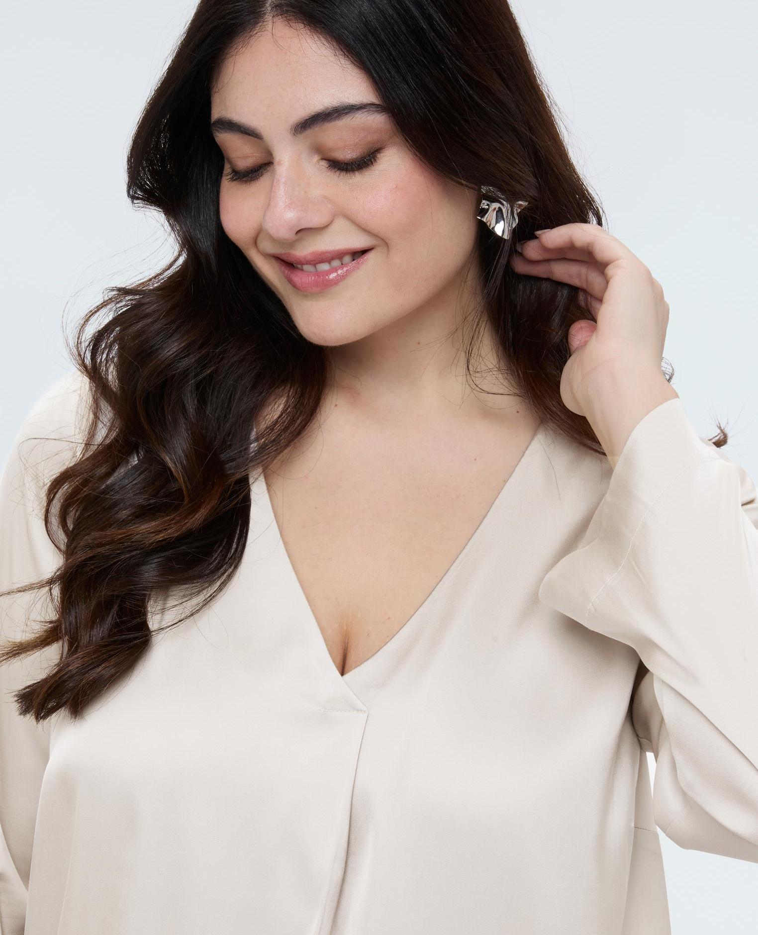 Blusa de mujer escote en v en raso de viscosa - Fiorella Rubino - Blanco Blanco-3