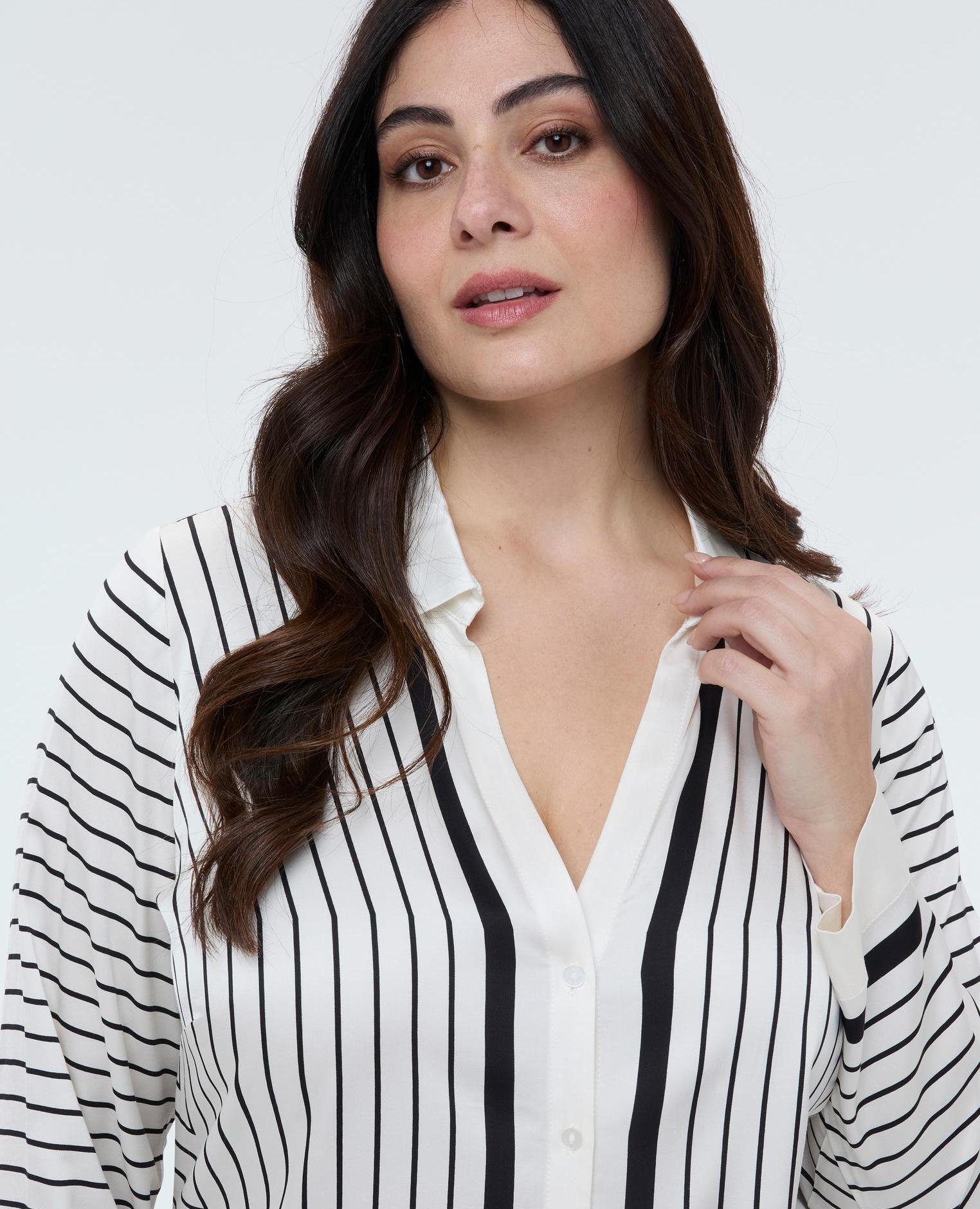 Camisa de mujer a rayas con escote en v tejido de raso de viscosa - Fiorella Rubino - Blanco Blanco-3
