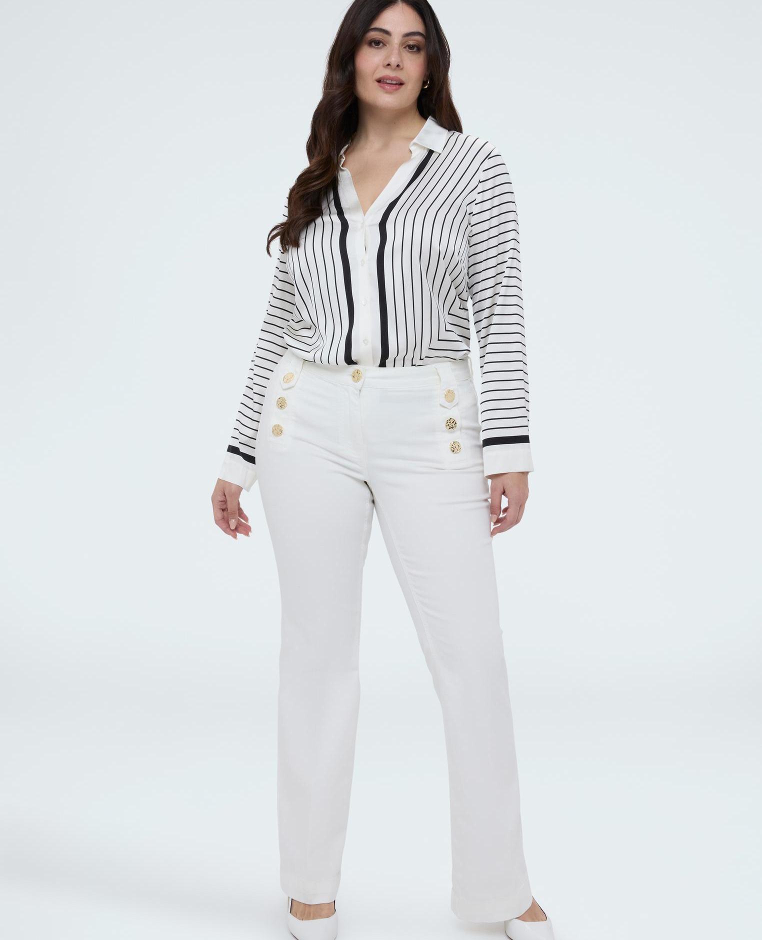 Camisa de mujer a rayas con escote en v tejido de raso de viscosa - Fiorella Rubino - Blanco Blanco-4
