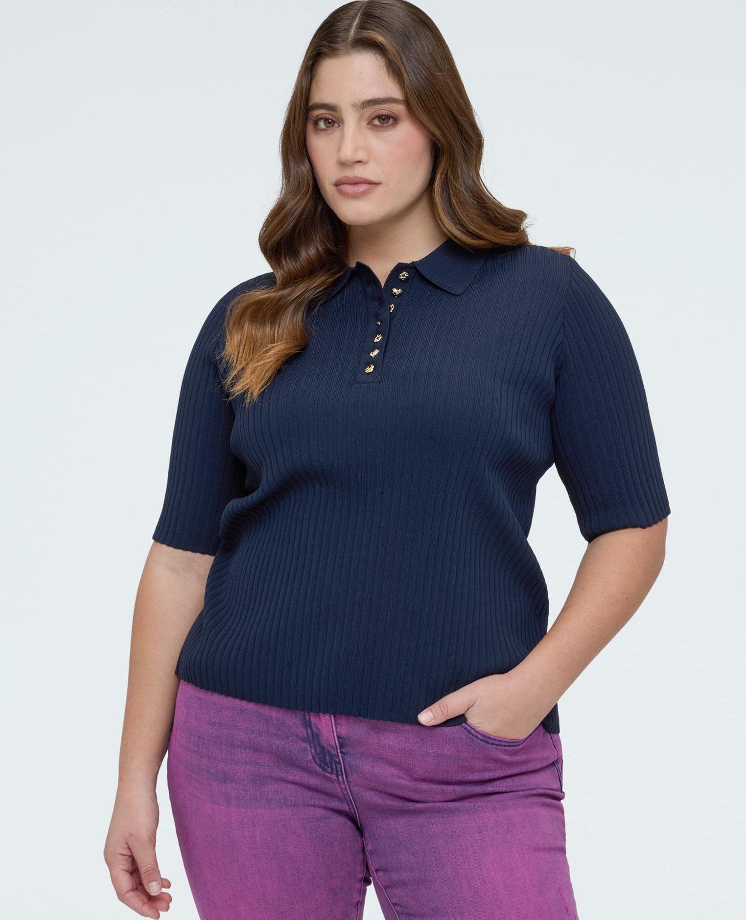 Polo de mujer de punto acanalado con botones decorativos - Fiorella Rubino - Azul Azul-1