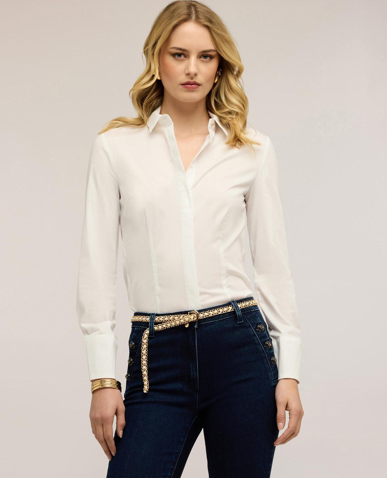 Camisa de mujer en popelina de mezcla de algodón ajuste entallado cierre con botones - Motivi - Blanco Blanco-1