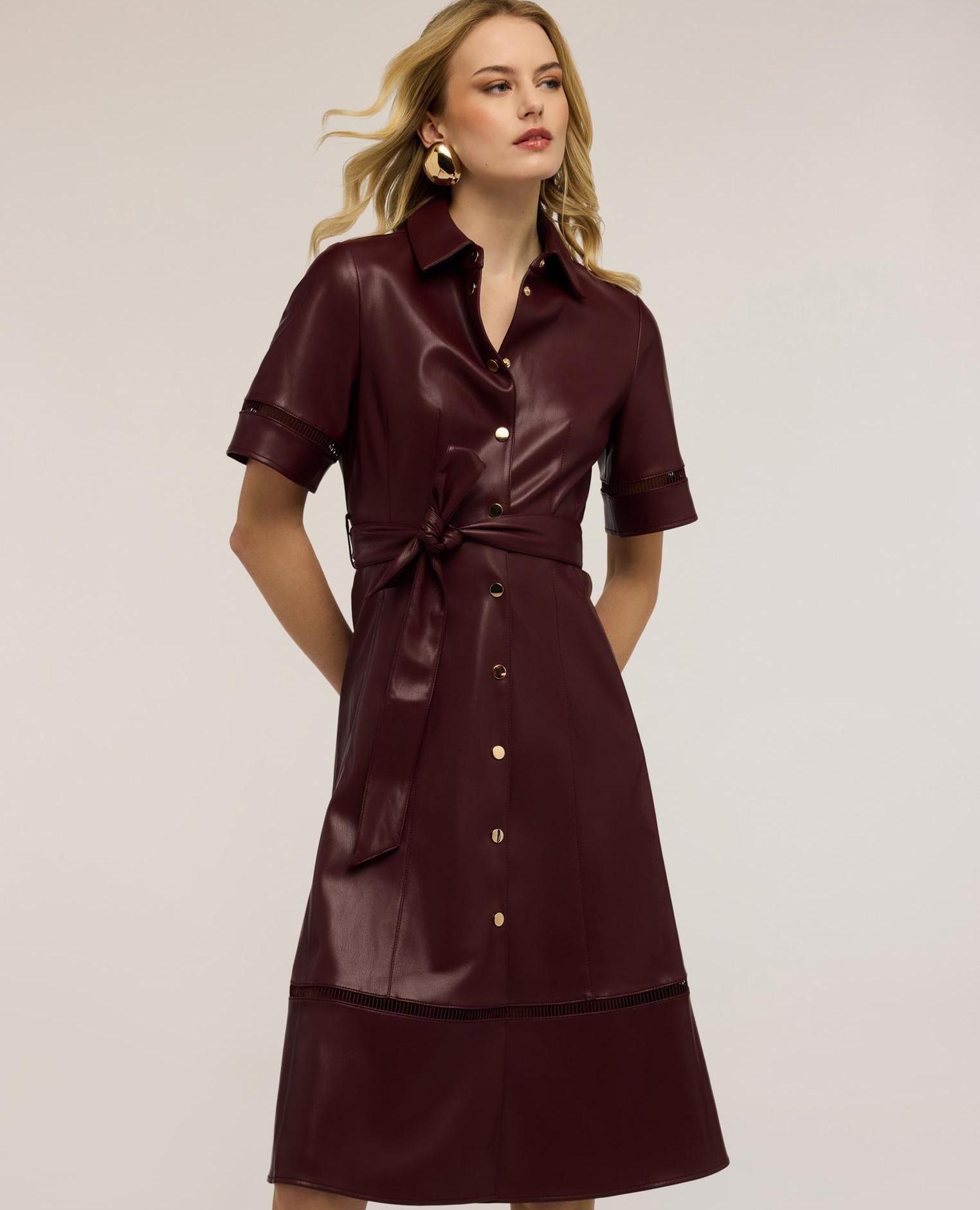 Vestido camisero con detalles calados abertura frontal con botones de presión cinturón en la cintura desmontable - Motivi - Burdeos Burdeos-1