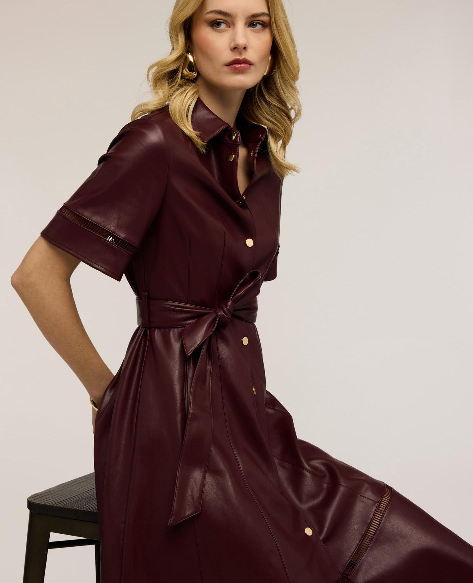 Vestido camisero con detalles calados abertura frontal con botones de presión cinturón en la cintura desmontable - Motivi - Burdeos Burdeos-3