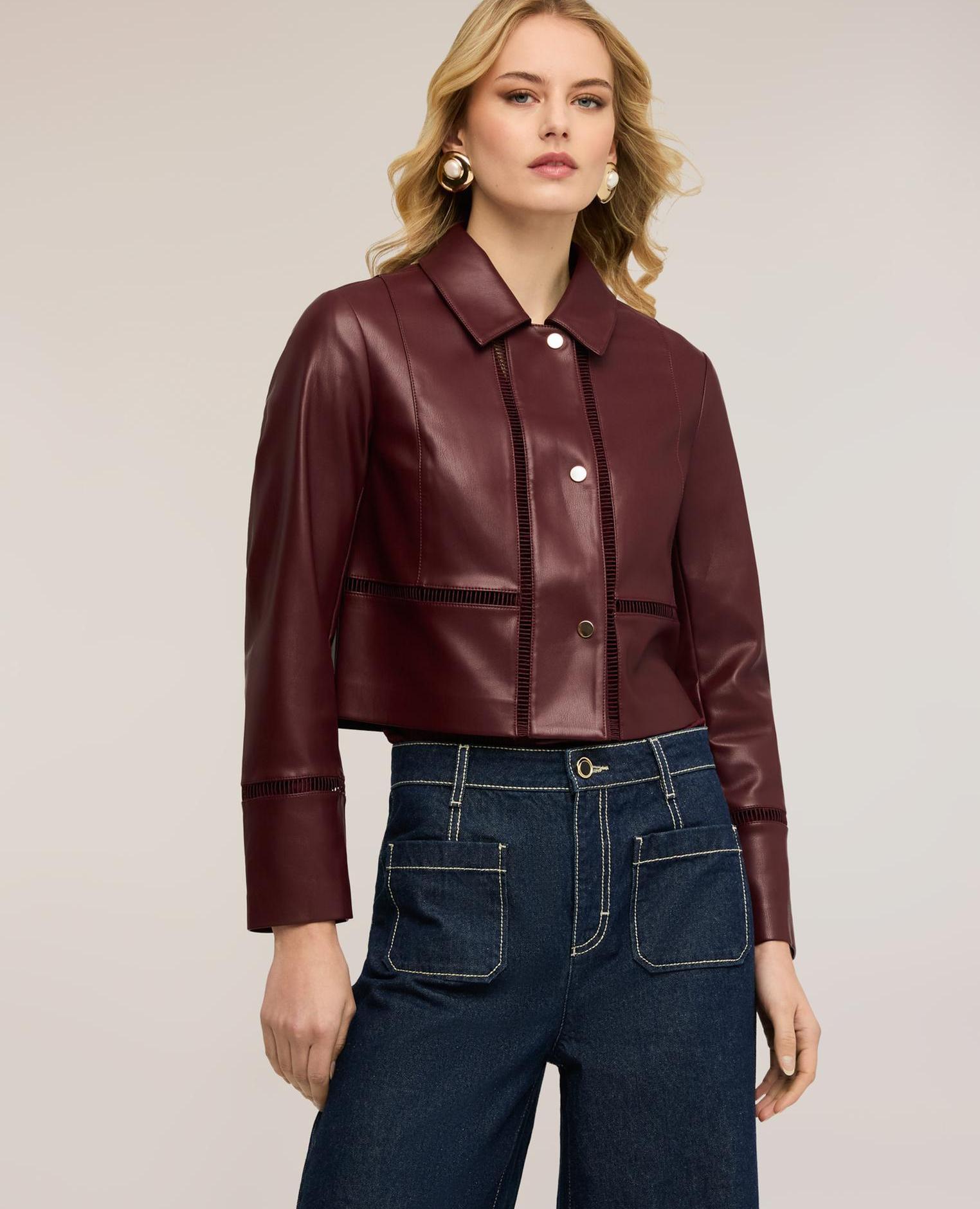 Chaqueta de mujer cropped con detalles perforados modelo corto - Motivi - Burdeos Burdeos-1