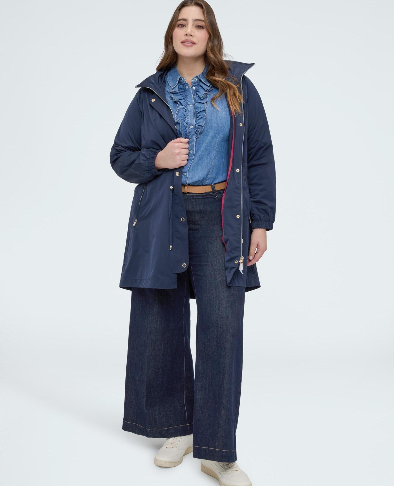 Parka de mujer largo con capucha bolsillos con cremallera y cordón ajustable en la cintura - Fiorella Rubino - Azul Azul-1