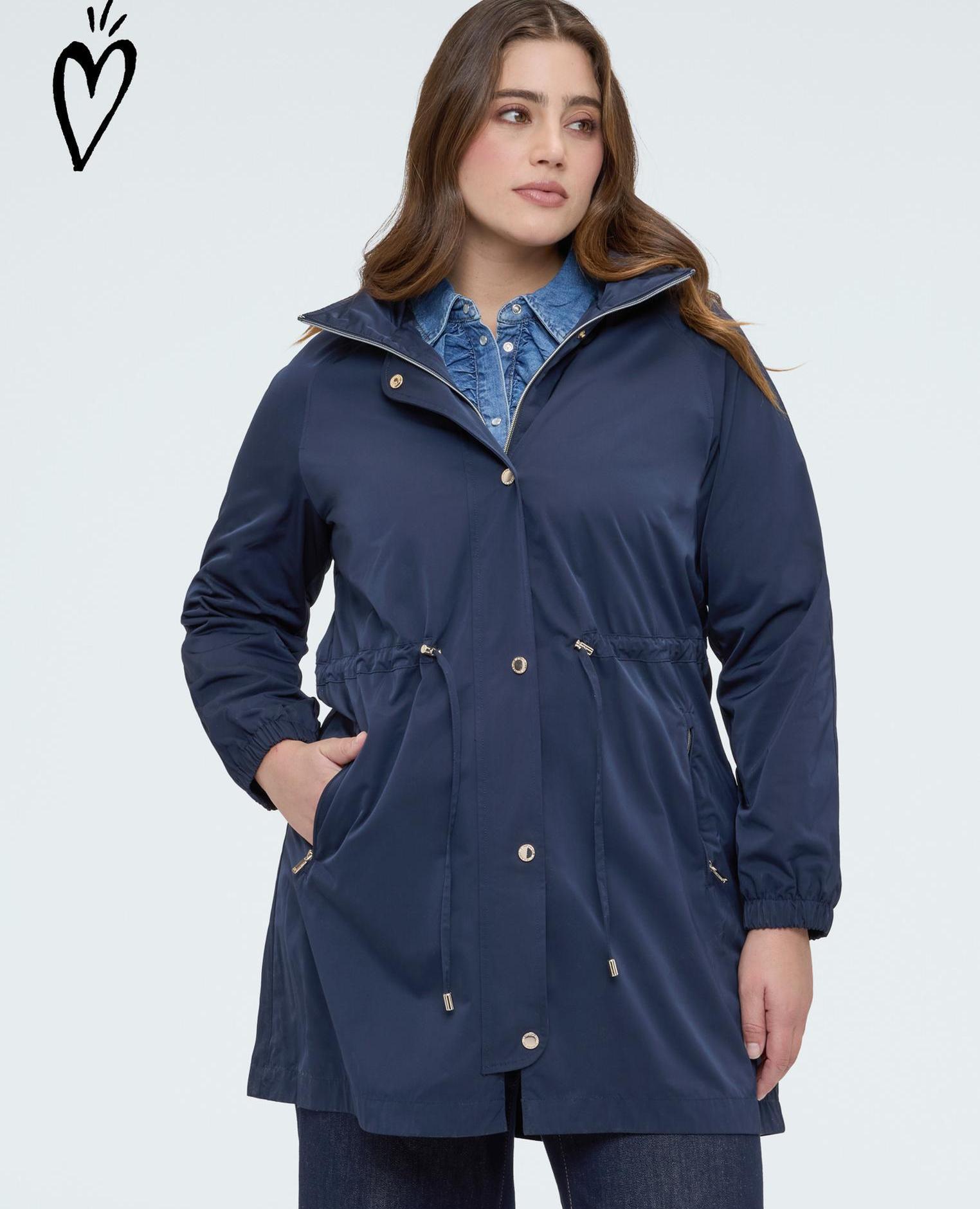 Parka de mujer largo con capucha bolsillos con cremallera y cordón ajustable en la cintura - Fiorella Rubino - Azul Azul-2