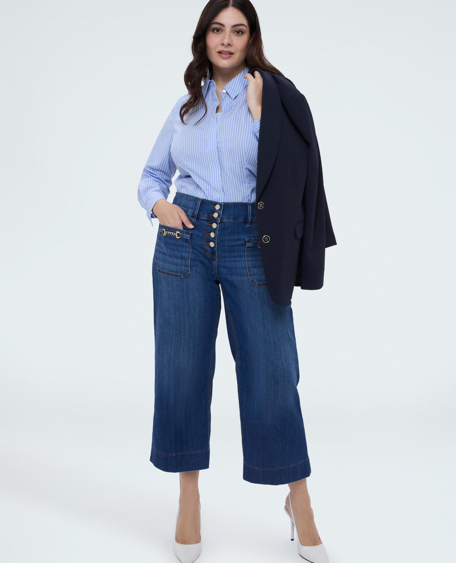 Camisa de mujer a rayas de algodón cuello clásico y mangas largas con puños - Fiorella Rubino - Azul claro Azul claro-3