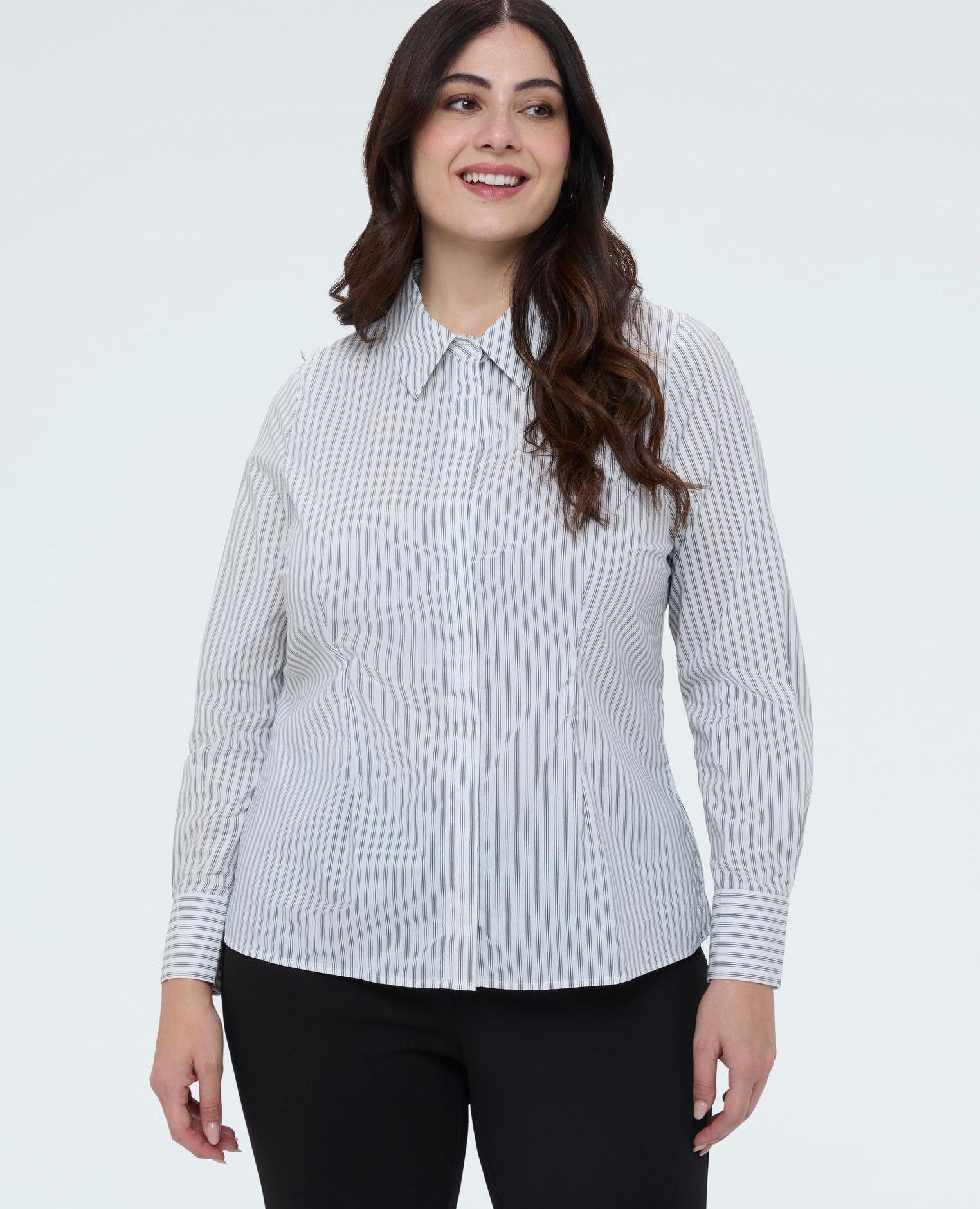Camisa de mujer a rayas de algodón cuello clásico y mangas largas con puños - Fiorella Rubino - Gris Gris-1