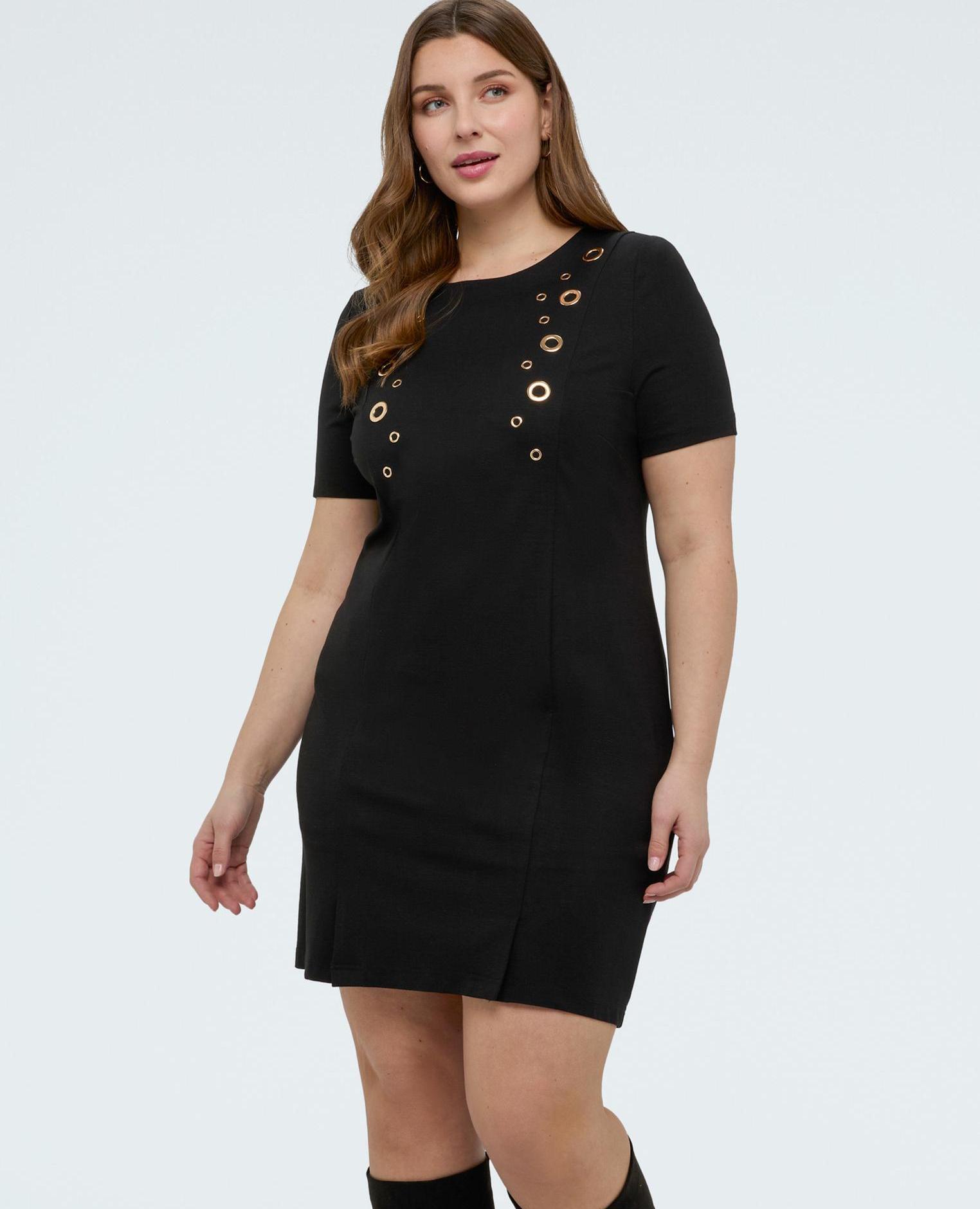 Vestido corto en punto milano con ojales y mangas cortas - Fiorella Rubino - Negro Negro-3