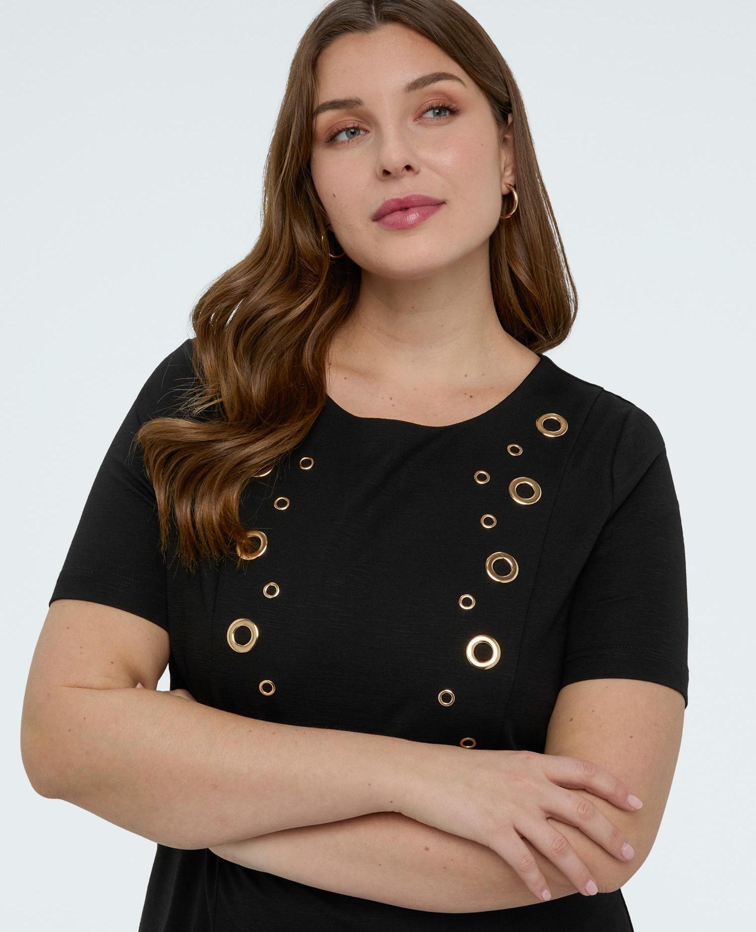 Vestido corto en punto milano con ojales y mangas cortas - Fiorella Rubino - Negro Negro-4
