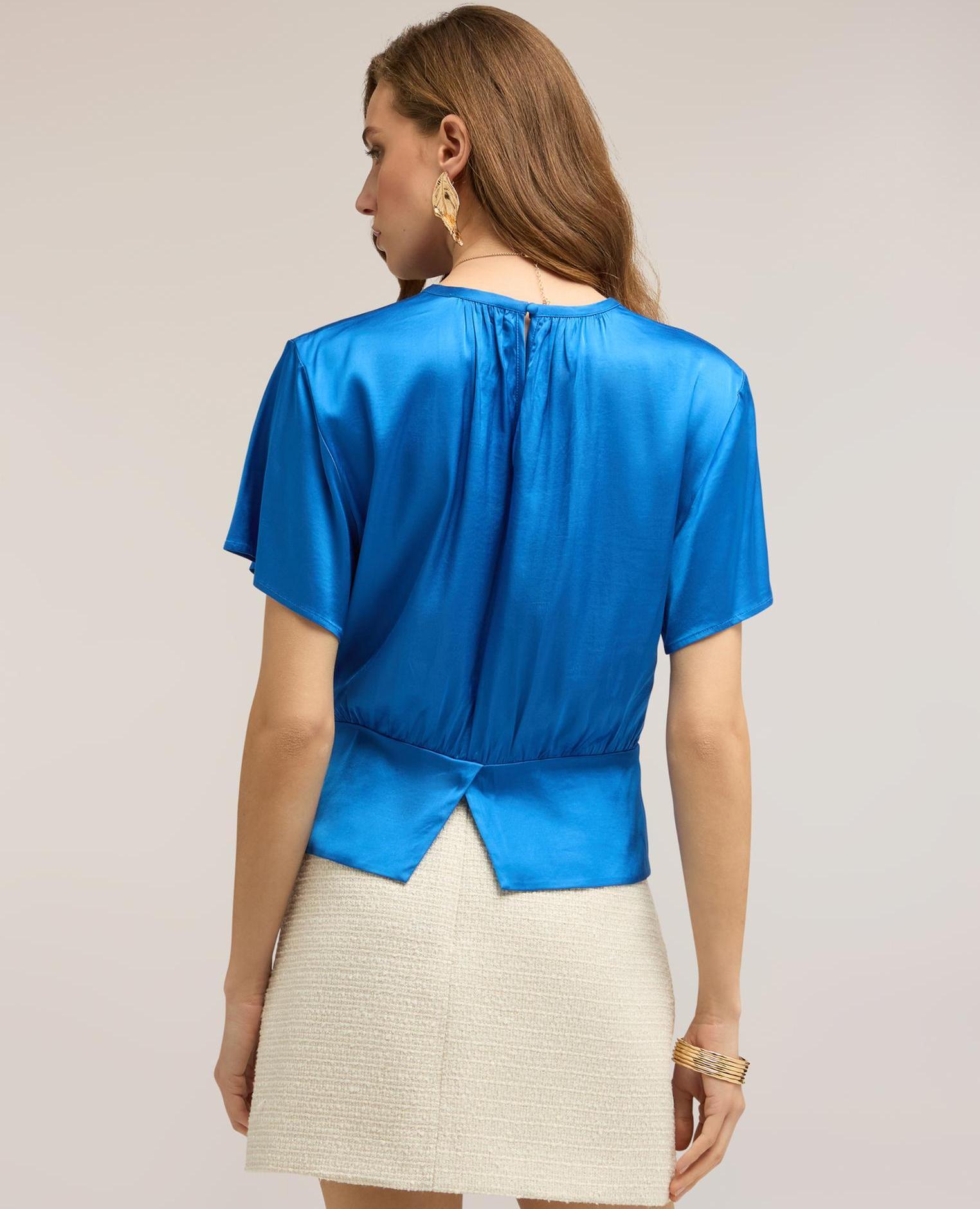 Blusa de mujer de raso con banda escote redondo con cierre posterior en forma de gota - Motivi - Azul Azul-2
