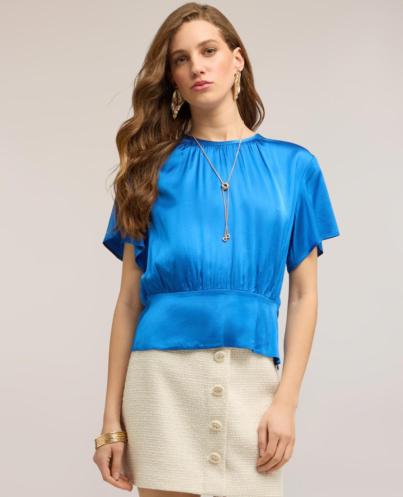 Blusa de mujer de raso con banda escote redondo con cierre posterior en forma de gota - Motivi - Azul Azul-3