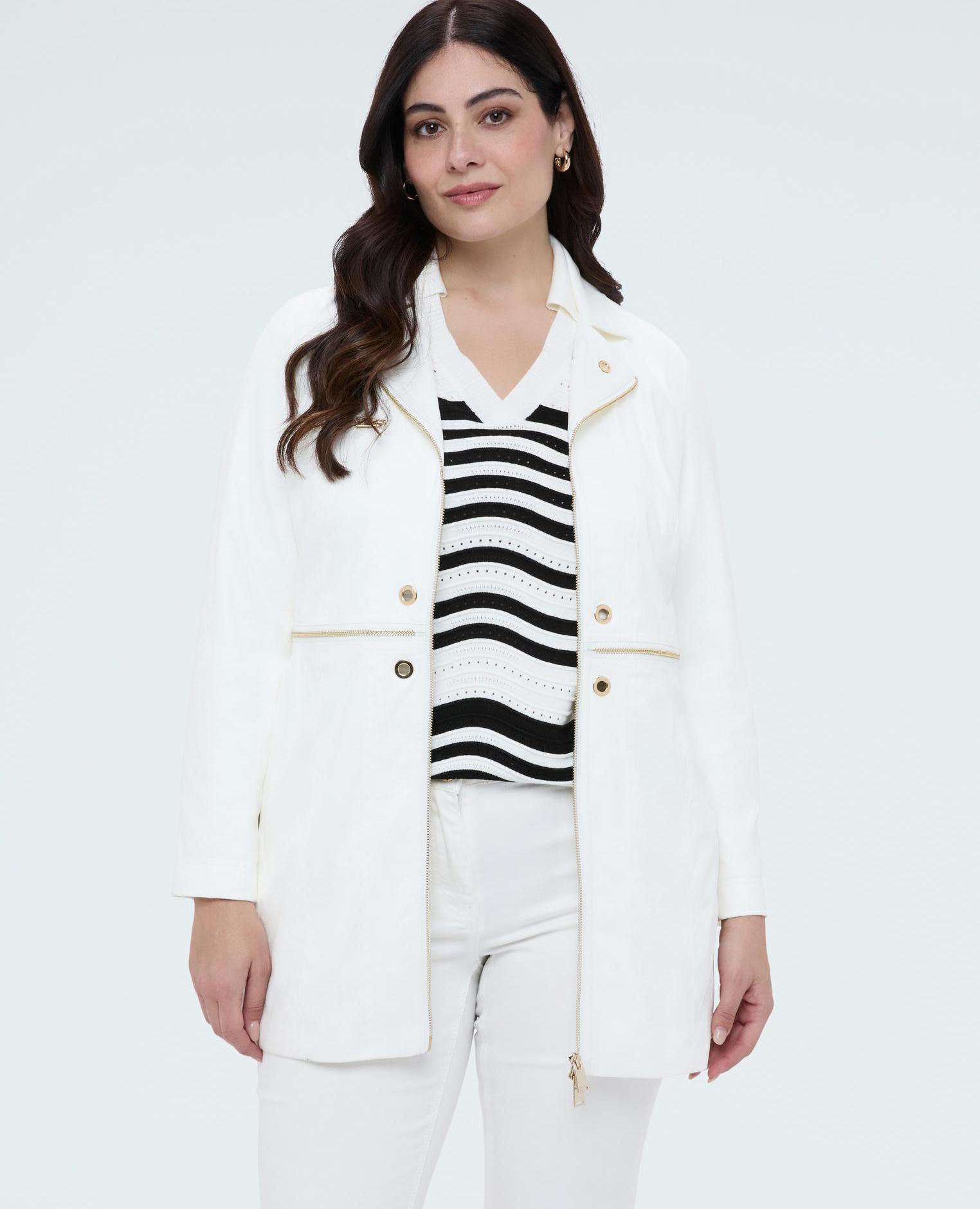 Abrigo de mujer soft touch con cremalleras decorativas - Fiorella Rubino - Blanco Blanco-1