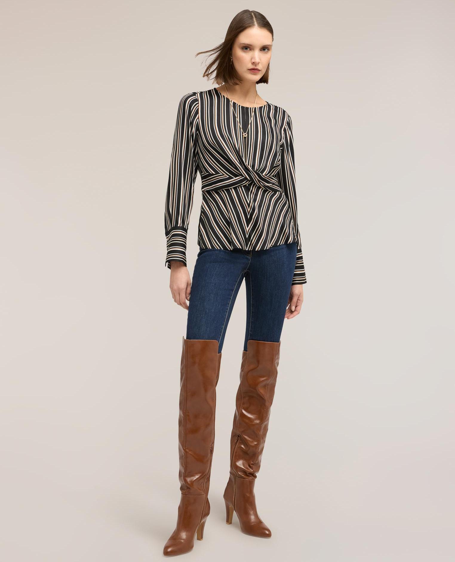 Blusa de mujer de rayas con cruce escote redondo con abertura de gota en la espalda - Motivi - Gris Gris-1