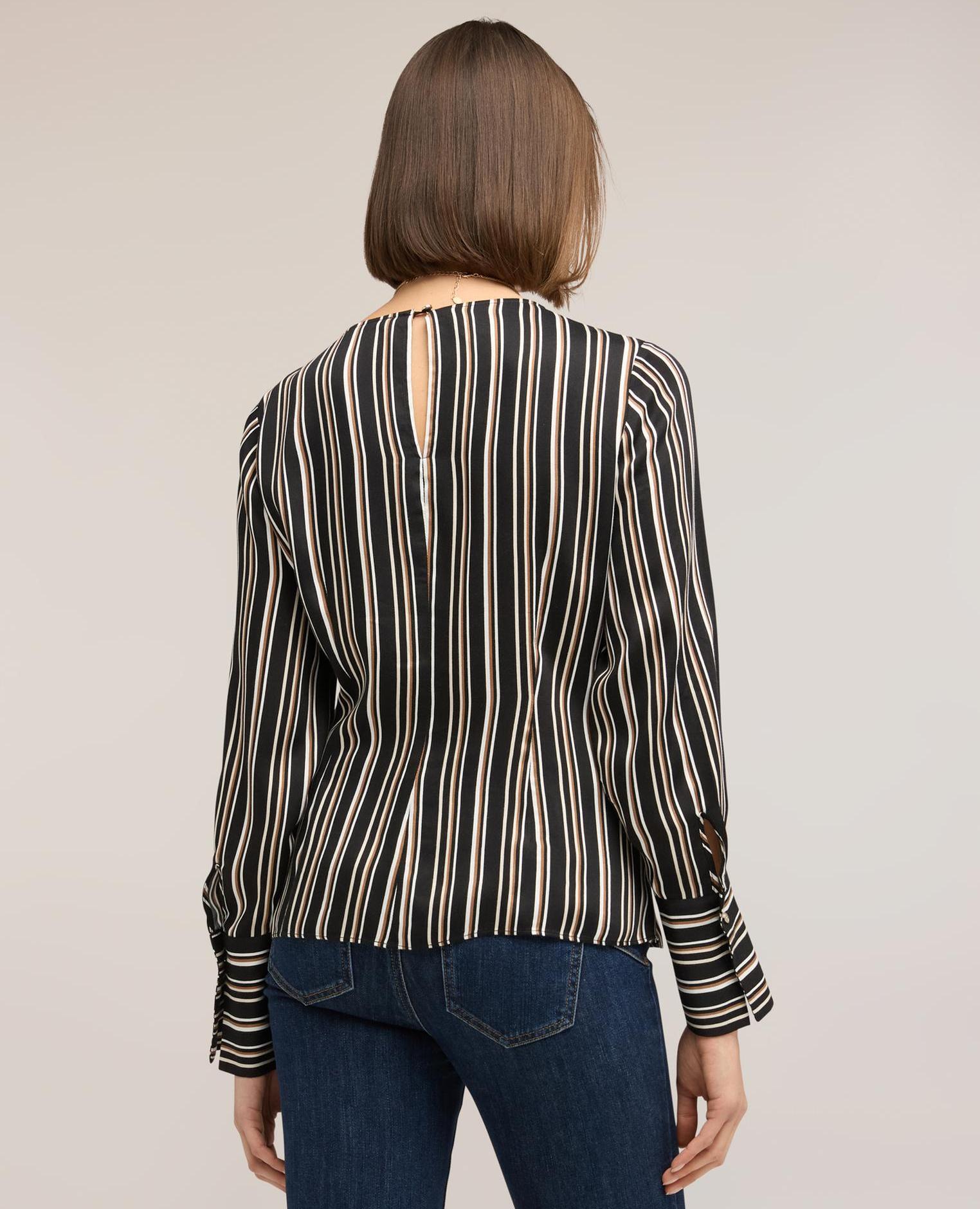 Blusa de mujer de rayas con cruce escote redondo con abertura de gota en la espalda - Motivi - Gris Gris-2