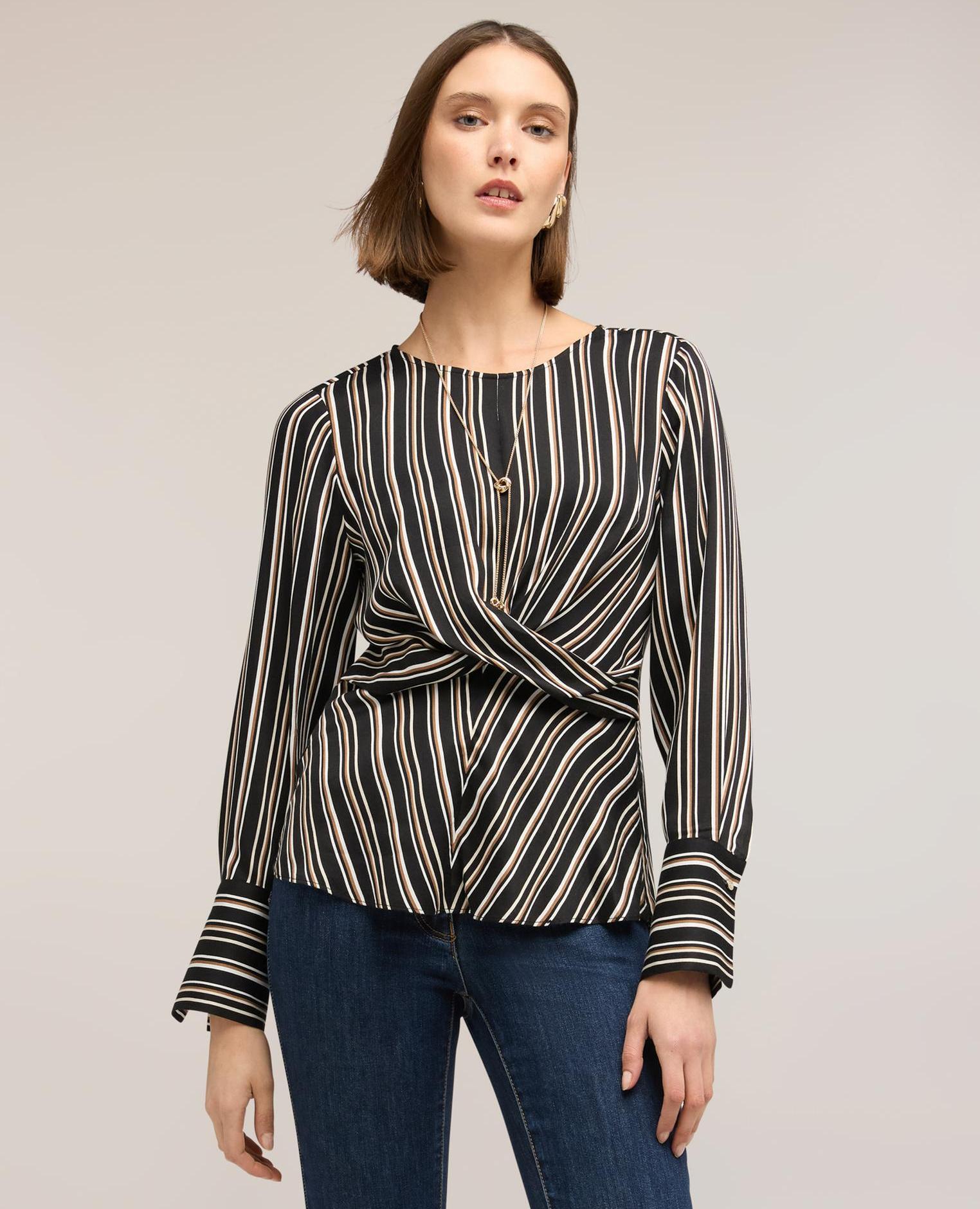 Blusa de mujer de rayas con cruce escote redondo con abertura de gota en la espalda - Motivi - Gris Gris-3