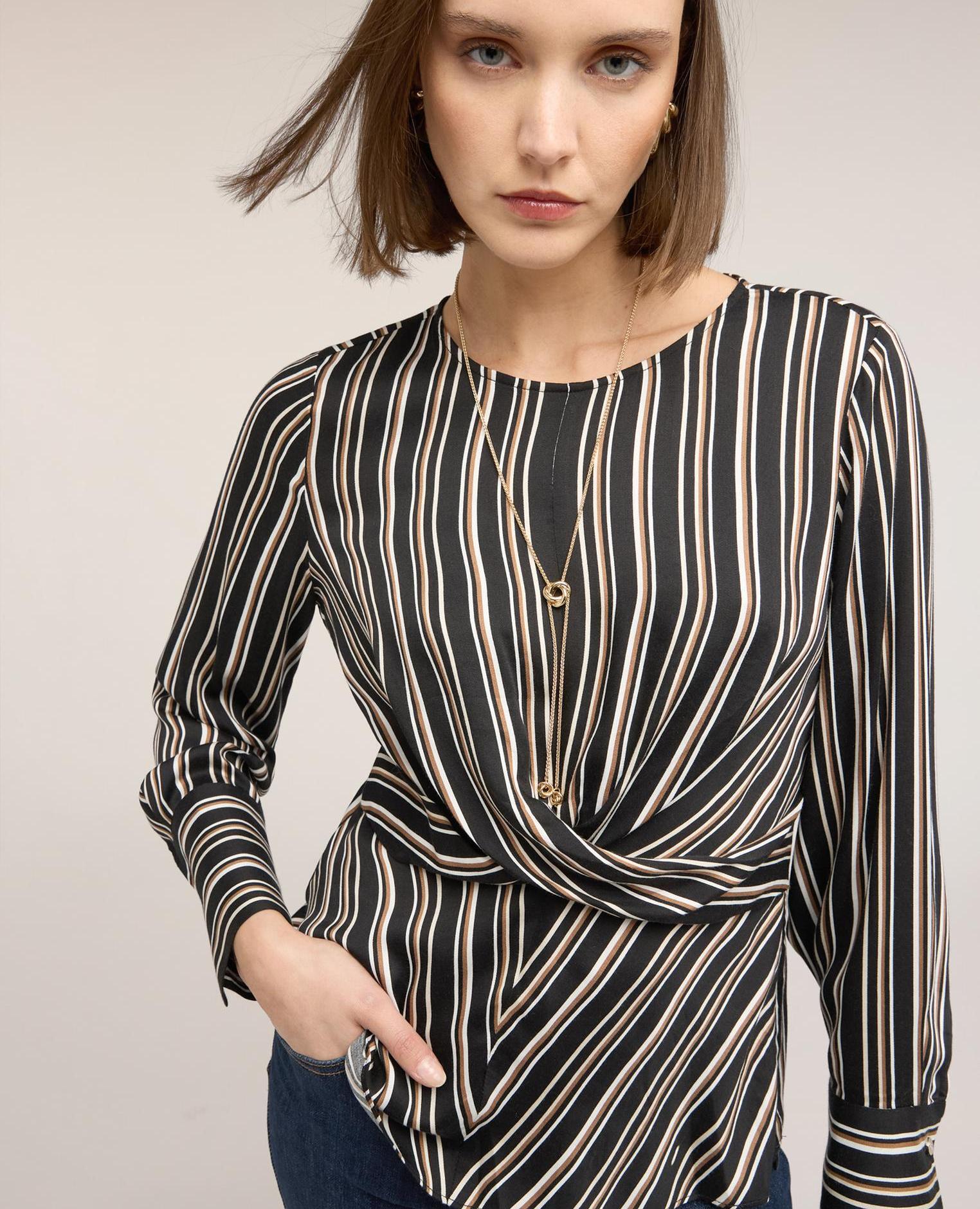 Blusa de mujer de rayas con cruce escote redondo con abertura de gota en la espalda - Motivi - Gris Gris-4