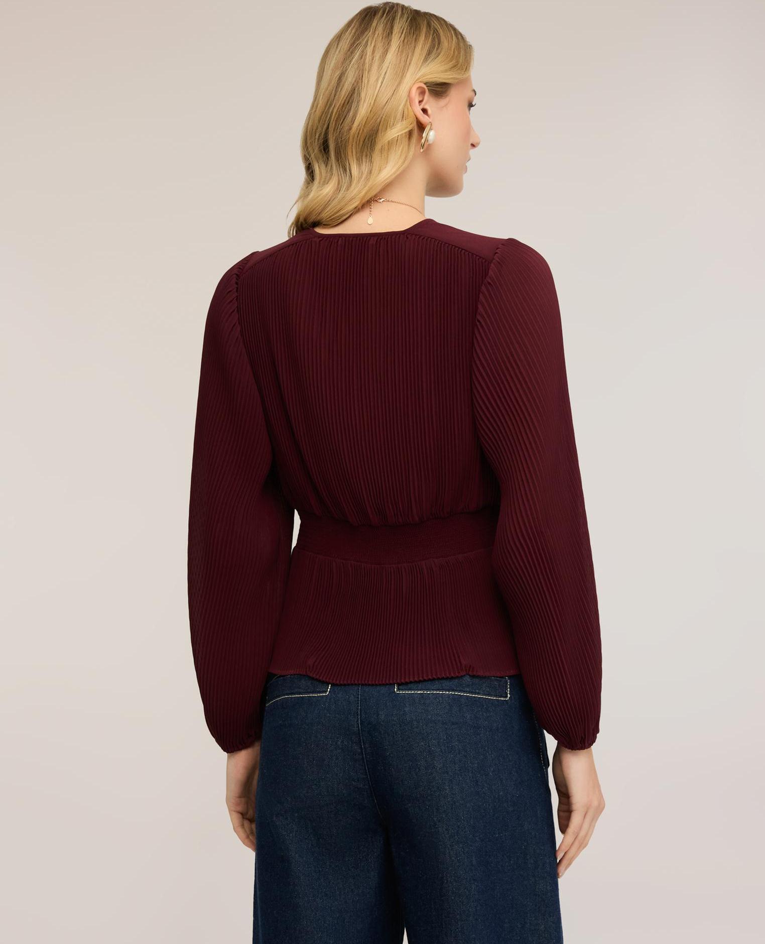 Blusa de mujer plisada de georgette con escote en v ajuste regular - Motivi - Burdeos Burdeos-2