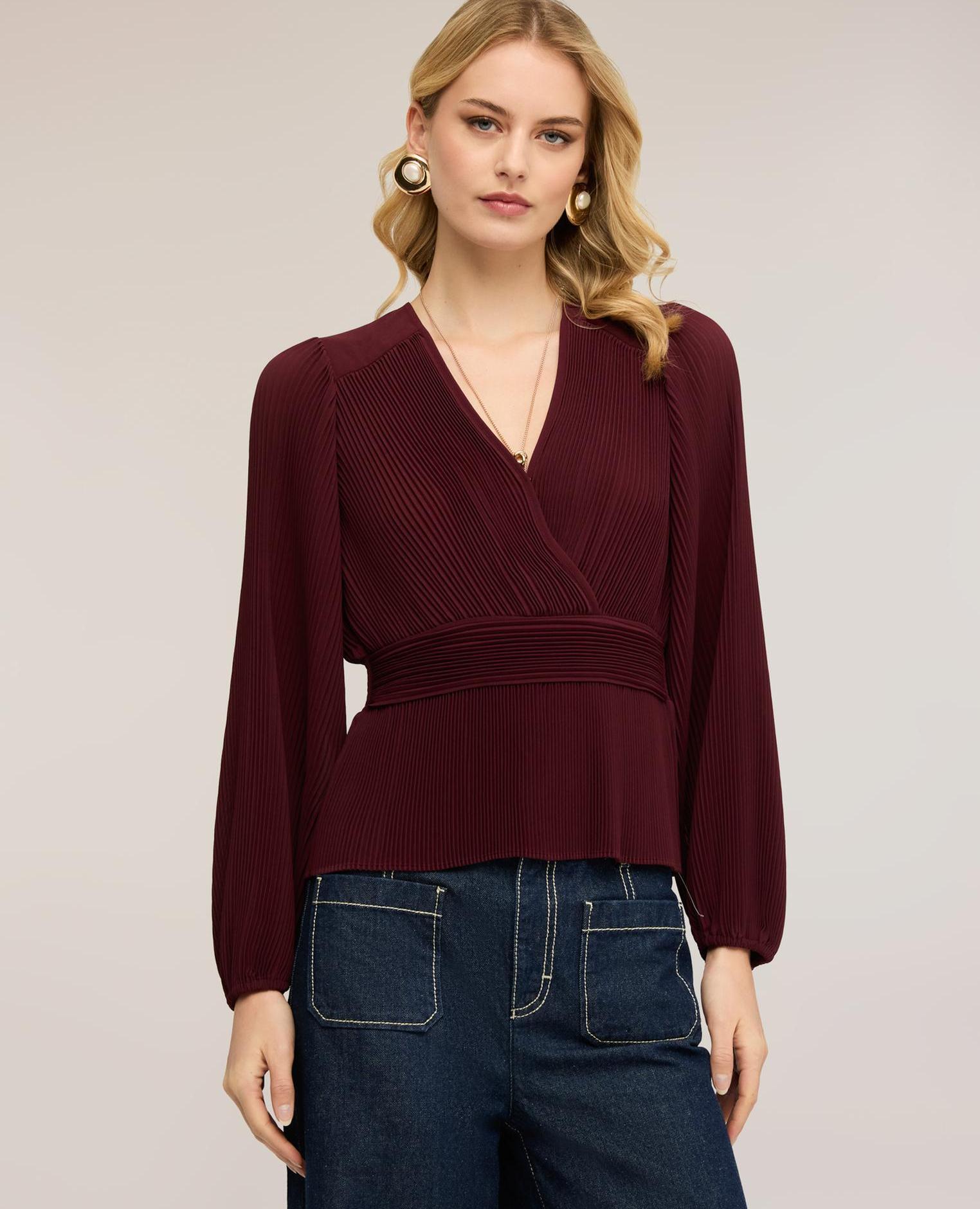 Blusa de mujer plisada de georgette con escote en v ajuste regular - Motivi - Burdeos Burdeos-3