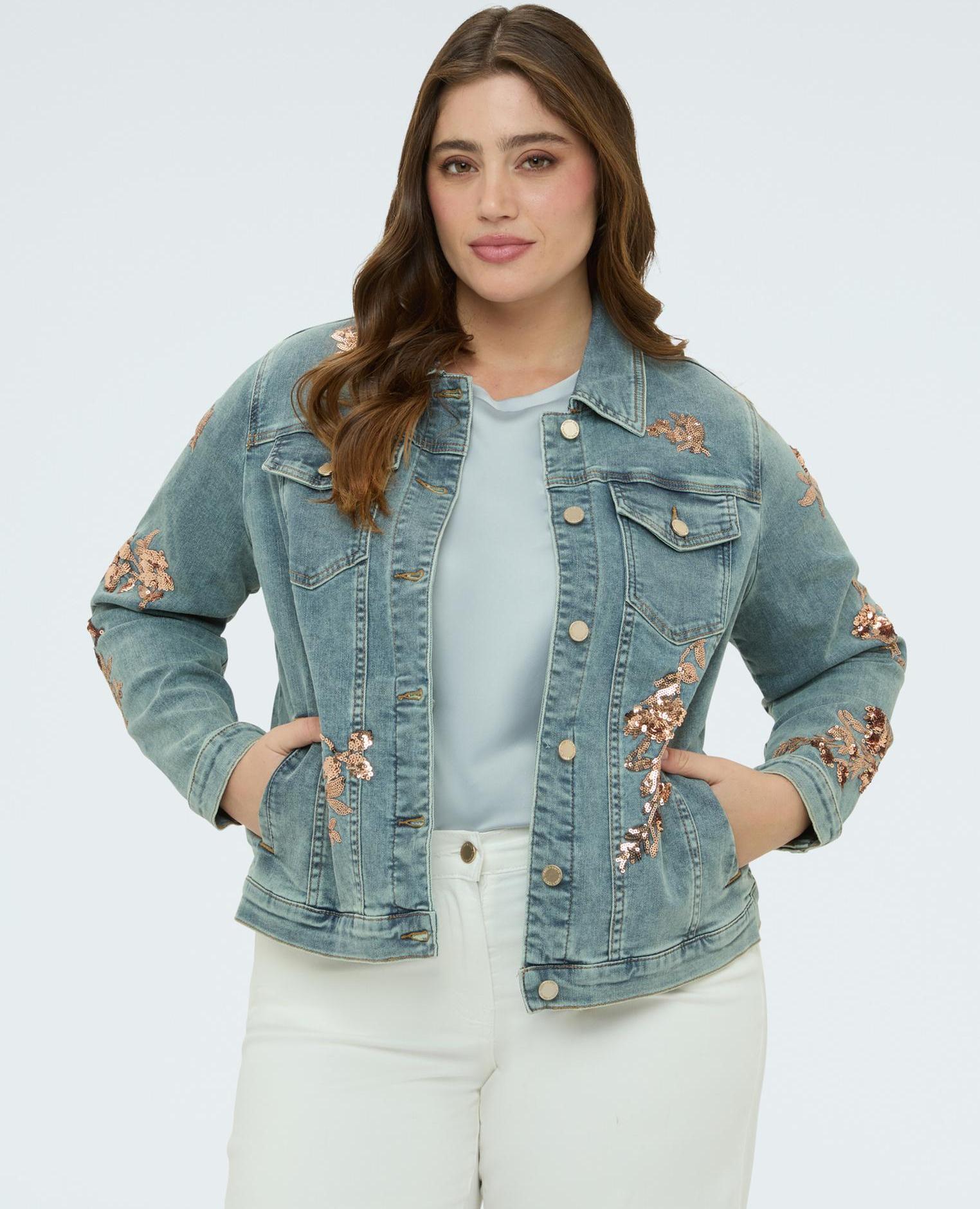 Chaqueta de mujer de denim con bordados florales de lentejuelas - Fiorella Rubino - Azul claro Azul claro-1