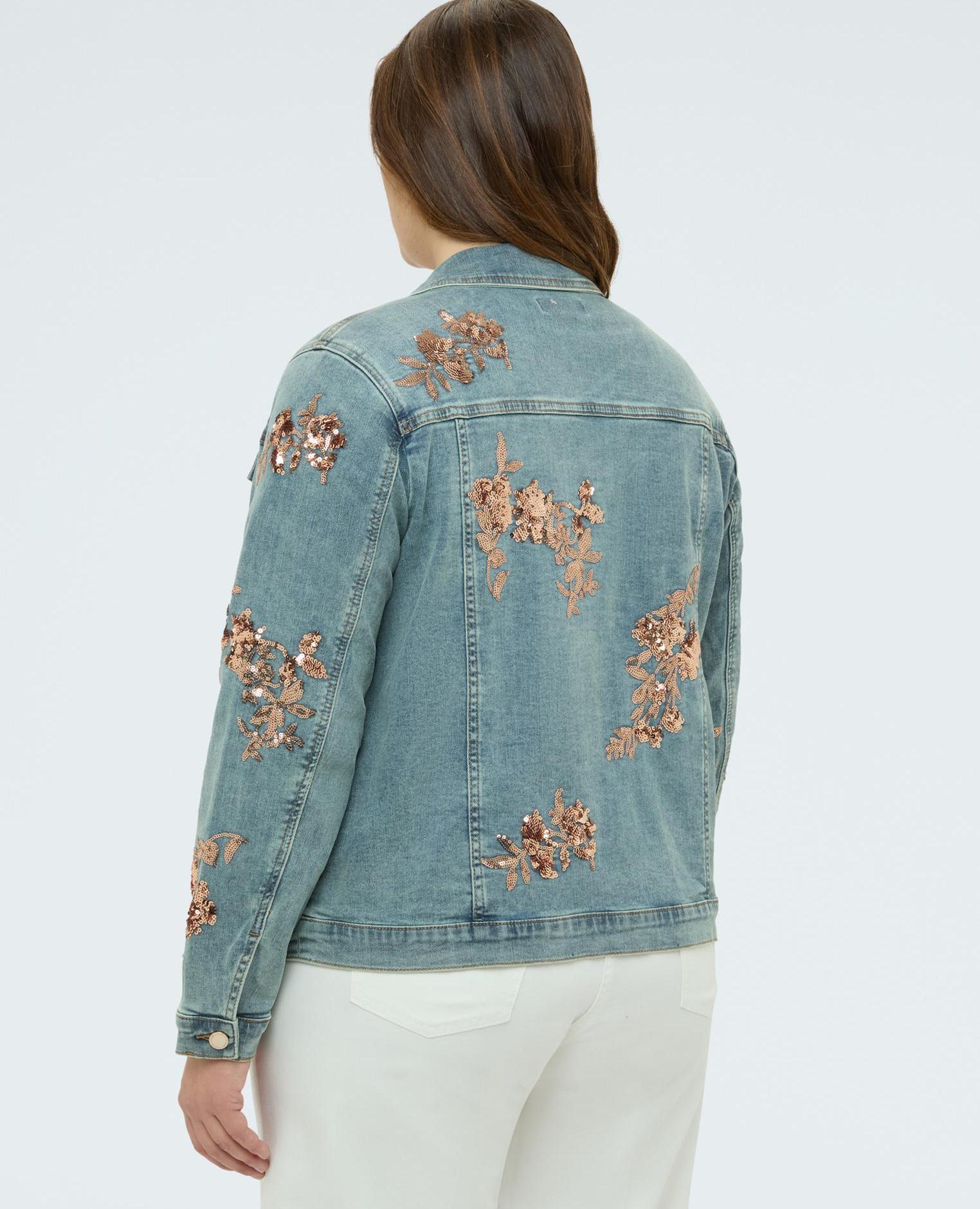 Chaqueta de mujer de denim con bordados florales de lentejuelas - Fiorella Rubino - Azul claro Azul claro-2