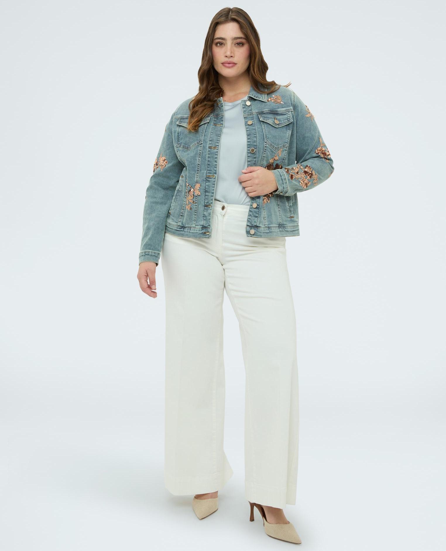 Chaqueta de mujer de denim con bordados florales de lentejuelas - Fiorella Rubino - Azul claro Azul claro-3